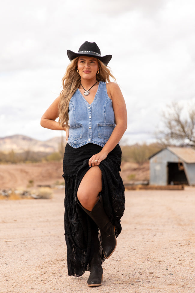 Beneath The Moon Medium Wash Denim Vest for Women - Stylish Distressed Denim Jacket with Button Front - Perfect for Casual Outfits, Layering, and Streetwear Fashion