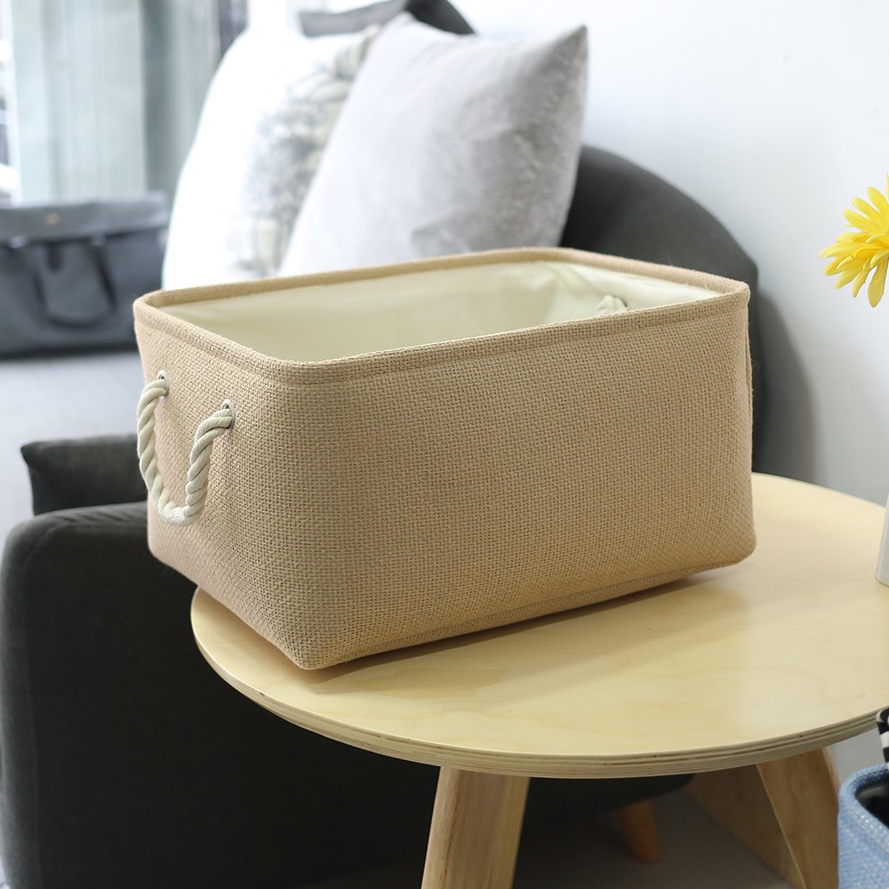 Decorative Fabric Storage Basket with Handles - Small Rectangular Organizer Bin for Clothes, Toys & Home Organization (Beige, 11.8×7.9×5.2 inches) - Perfect for Bedroom, Nursery & Closet Storage