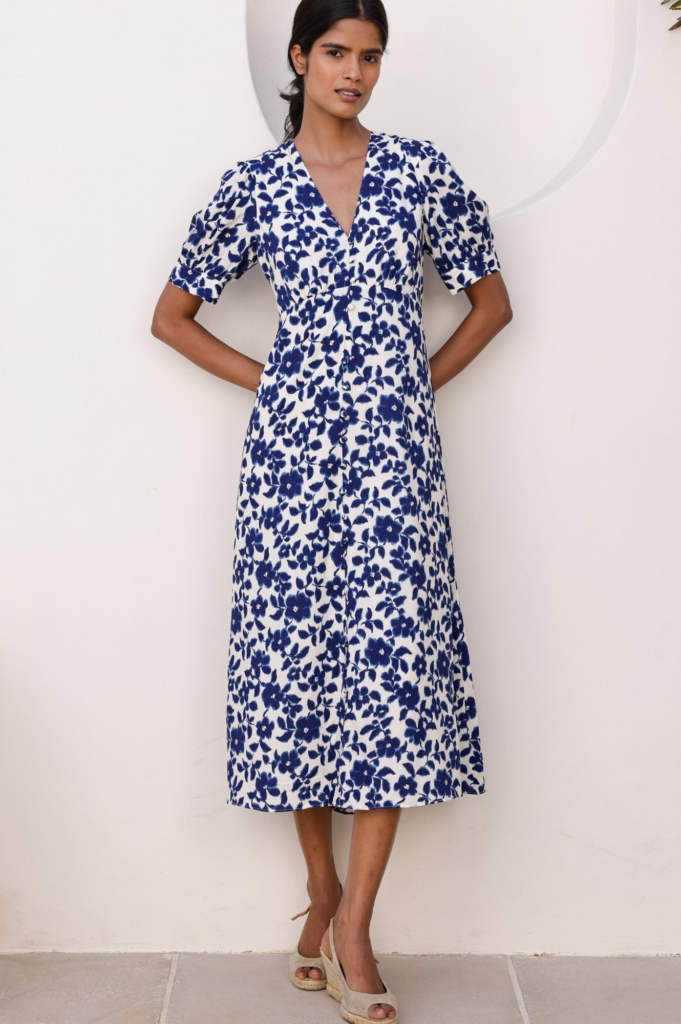 Anne Tea EcoVero™ Floral Print Wrap Dress - Blossom Cream & Navy Blue | Sustainable Viscose Women's Fashion | Perfect for Summer Weddings & Garden Parties