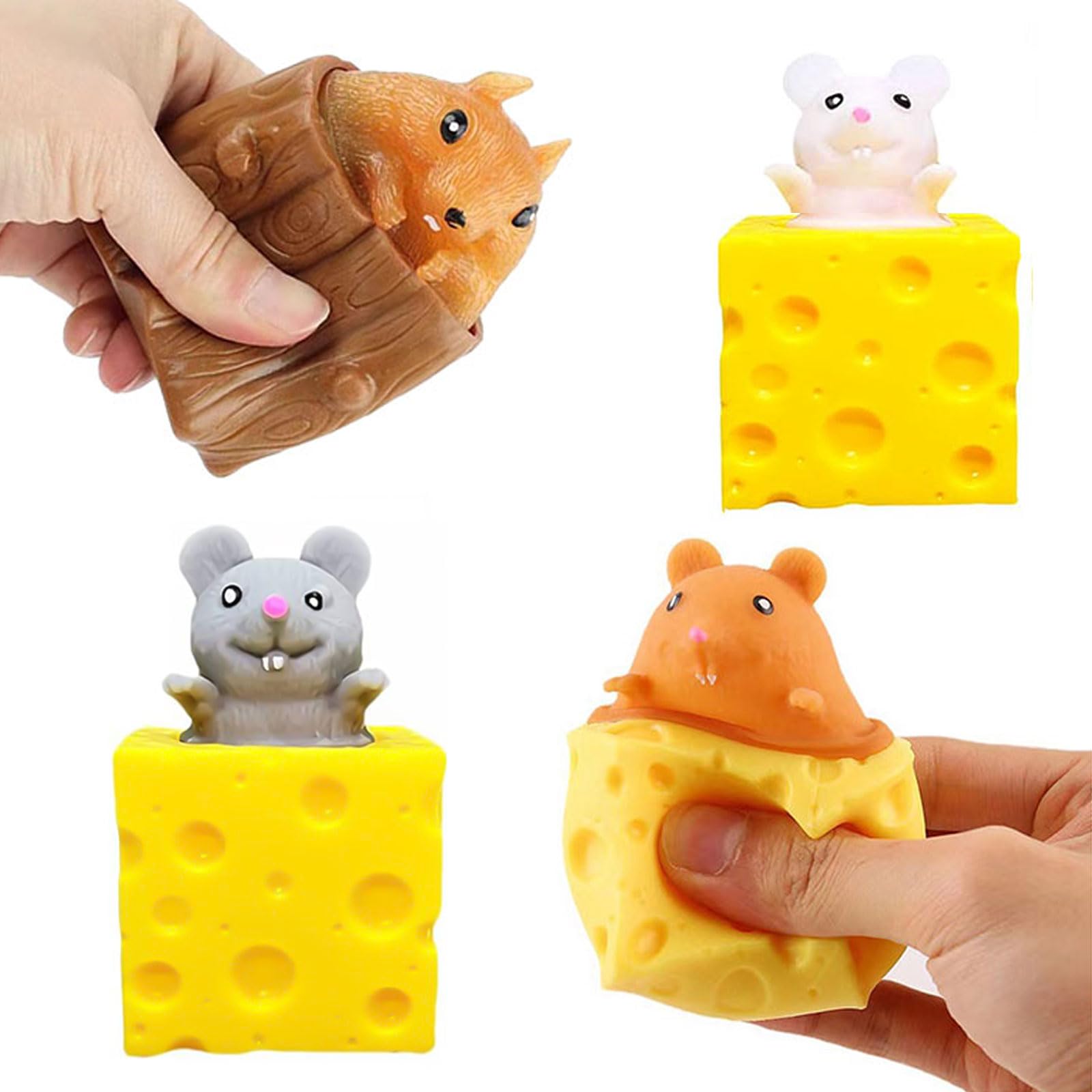 4PCS Cute Animal Squishy Toys - Cheese Cup Squirrel & Mice Stress Relief Fidget Toys for Kids & Adults | Anxiety Relief, Birthday Party Favors | Perfect for Classroom Rewards, Sensory Play & Office Desk Stress Relief