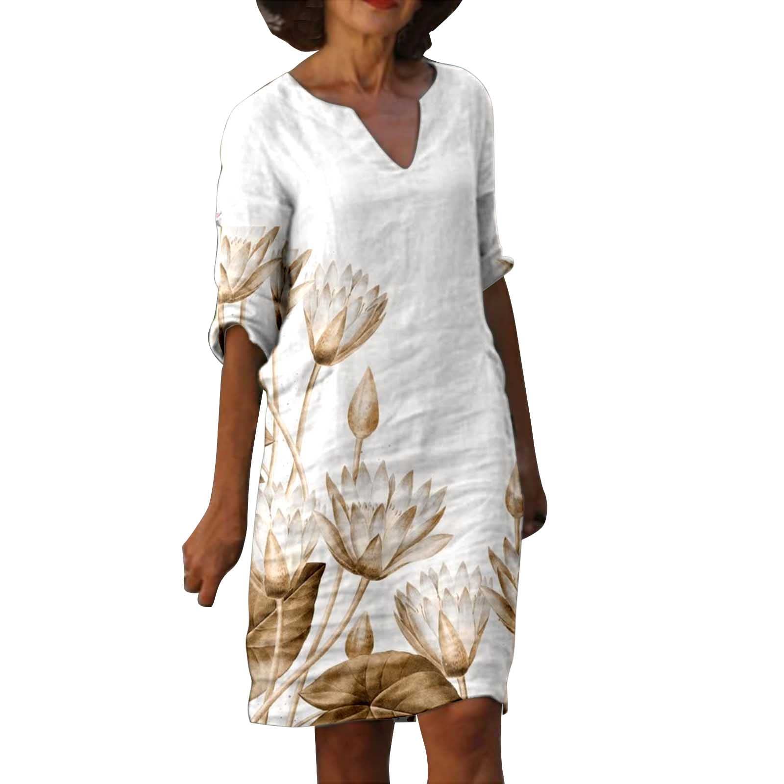 Vintage Floral Print V-Neck Swing Dress for Women - Medium Length Half Sleeve Elegant Daily Wear (White, Size M) | Perfect for Casual Outings, Office Wear & Summer Parties