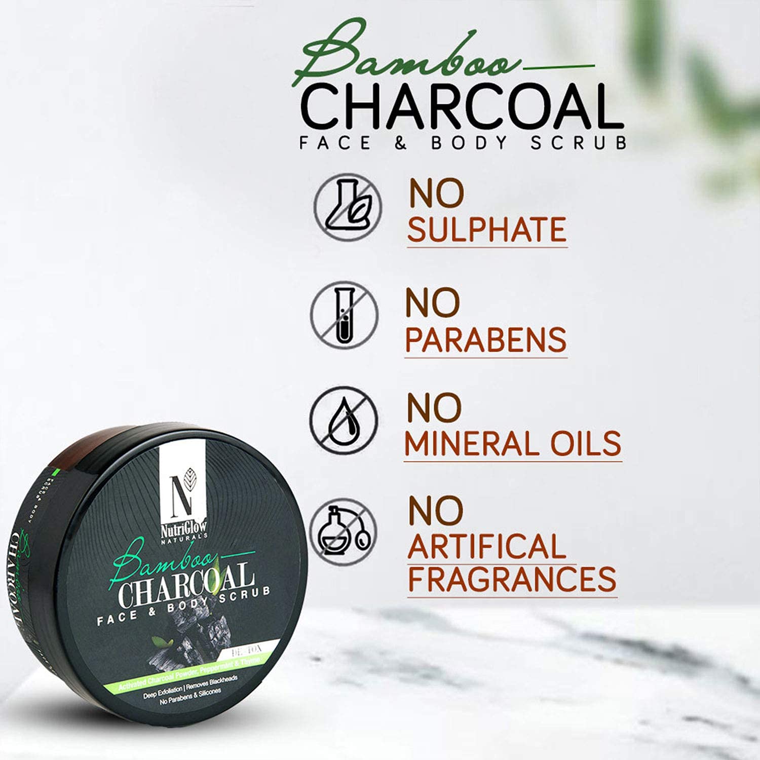 NutriGlow NATURAL'S Bamboo Charcoal Face & Body Scrub - Gentle Exfoliating & Nourishing for Blackheads, Acne & Dead Skin Removal | Sulfate-Free, 200g | Perfect for Daily Skincare & Spa Treatments