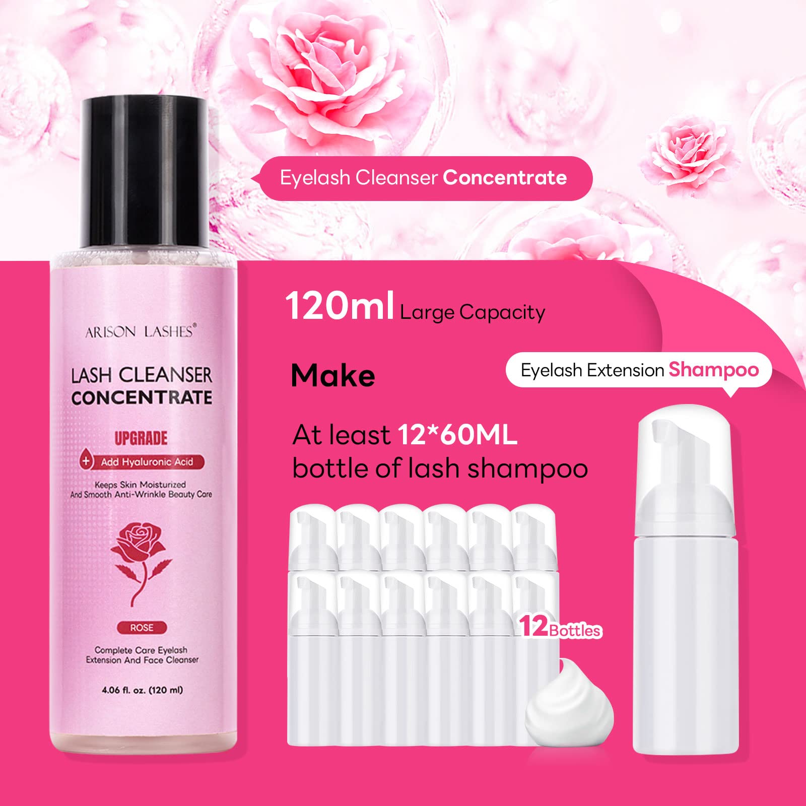 **Arison Lashes Upgraded Lash Shampoo Concentrate 120ml - Professional Eyelash Cleanser for Lash Extensions, Large Capacity, Rose Scented - Perfect for Salons, Home Use & Lash Care Routine**