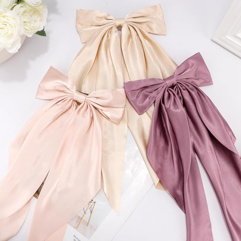 BELICIA 3PCS Satin Hair Bows for Women & Girls - Black White Soft Hair Barrettes with Long Tail - Elegant Bowknot Hair Clips for Parties, Weddings & Daily Styling (Multicolor)