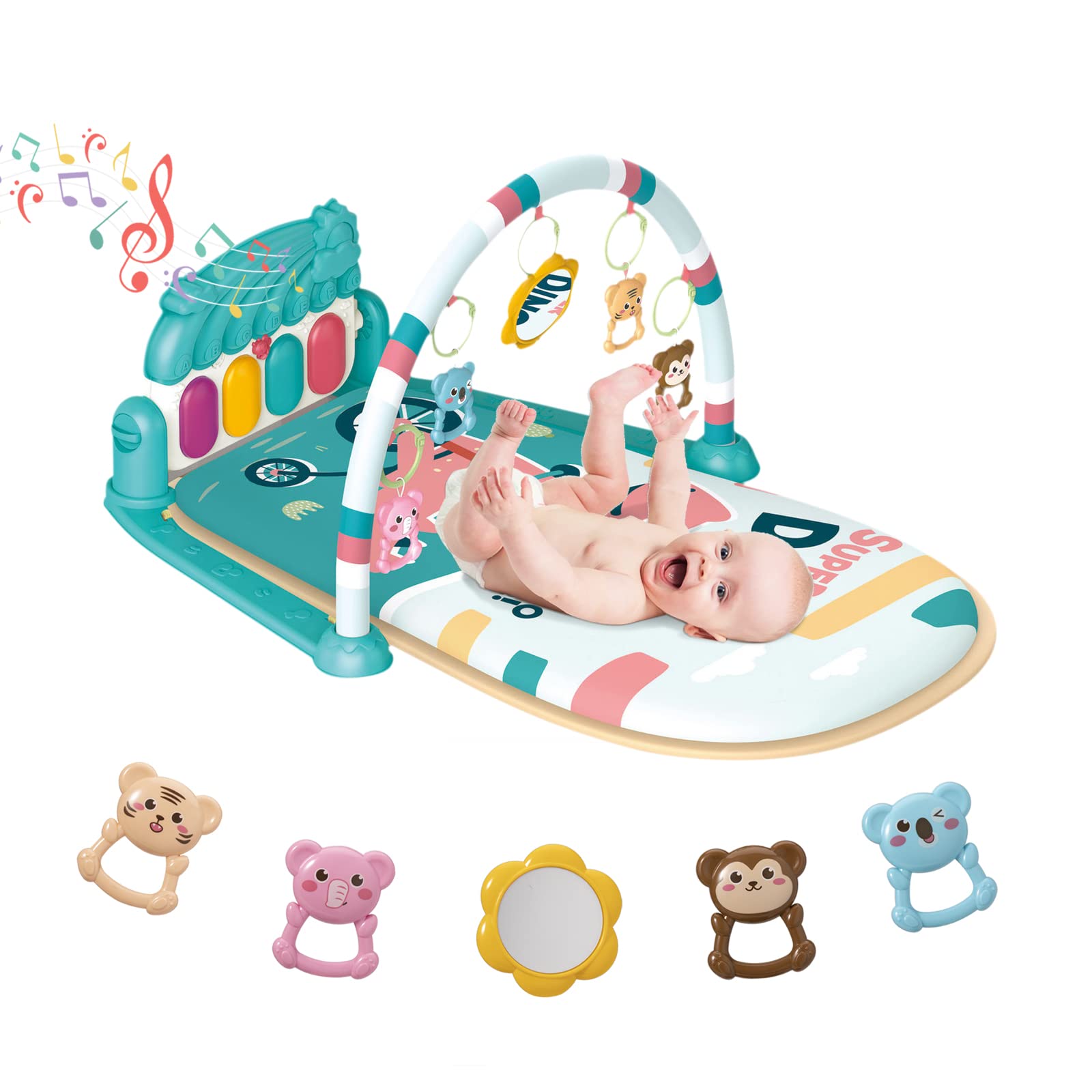 Dearlomum Baby Play Mat & Gym - Interactive Piano Tummy Time Activity Mat with 5 Sensory Toys, Music & Lights | Developmental Toy for Newborn to 12 Months | Perfect Gift for Boys & Girls (Blue) | Great for Floor Play, Sensory Development & Early Learning Activities