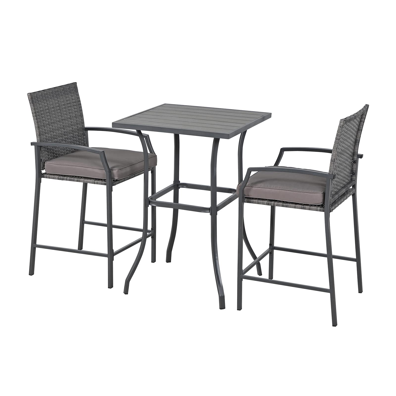 JOIVI 3-Piece Outdoor Patio Bar Set - Counter Height Wicker Bar Stools with Wood Top Table & Cushions - Perfect for Backyard, Balcony, Deck or Poolside Dining for 2 People - Ideal for Entertaining, Relaxing & Outdoor Gatherings