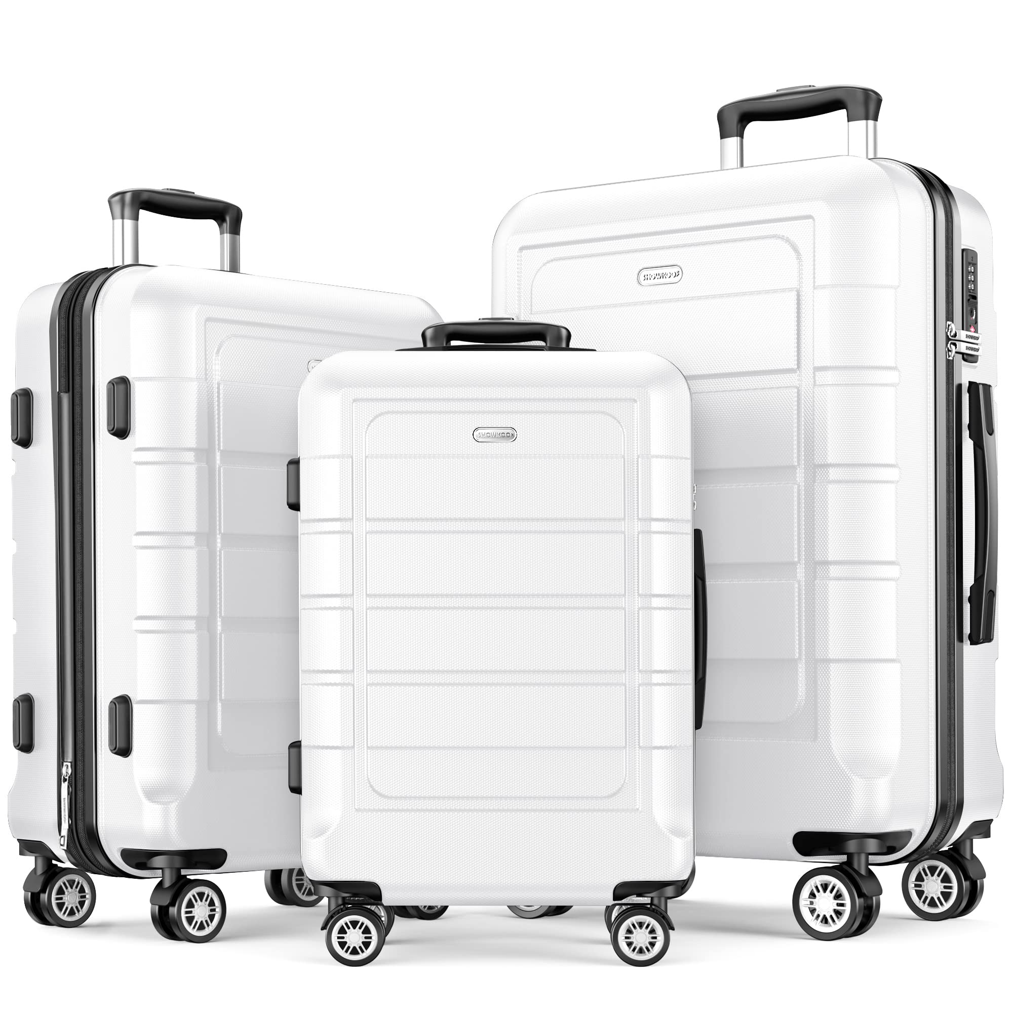 SHOWKOO Expandable Luggage Set - 3-Piece Durable PC+ABS Suitcases with Double Spinner Wheels & TSA Lock (White) - Perfect for International Travel, Business Trips & Family Vacations