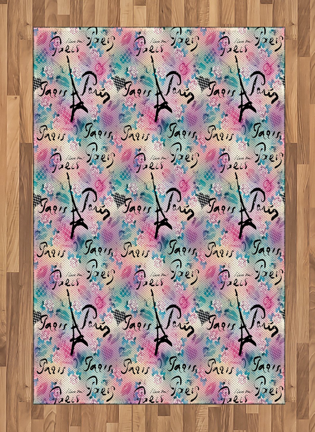 Ambesonne Paris Area Rug - French Floral Rose Checkered Hearts Romance Love Design, Flat Woven Accent Rug for Living Room, Bedroom & Dining Room, 4' x 5' 7