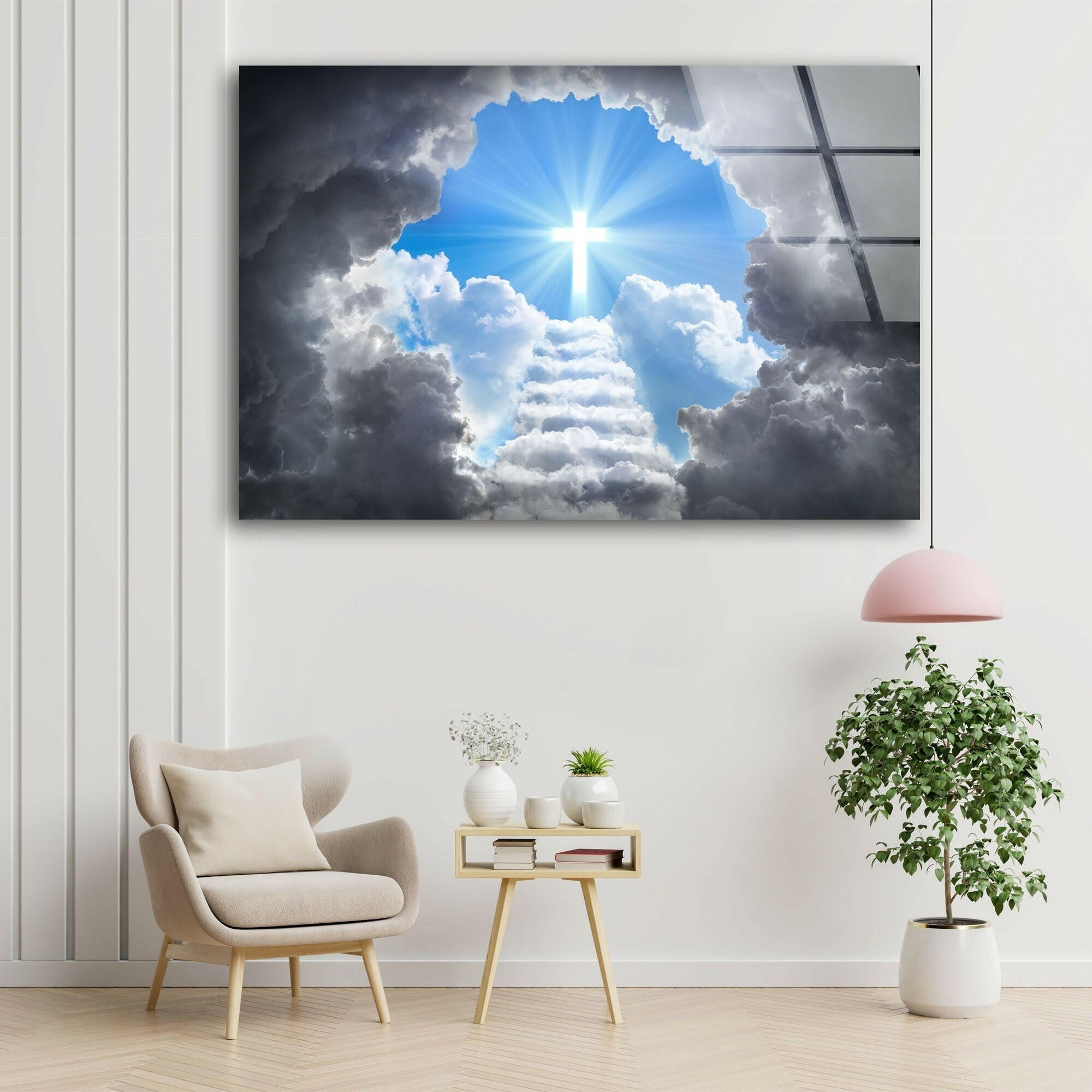 Stunning Cross of Light Shining Glass Wall Art - Elegant Religious Home Decor for Living Room, Bedroom & Church