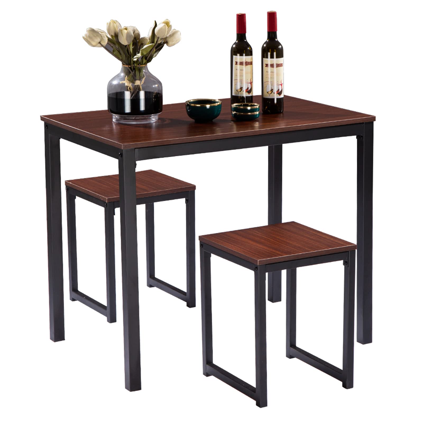 Compact Round Kitchen Table Set for 2 - 3 Piece Small Space Dining Set with 2 Chairs, Breakfast Nook Table & Wine Rack - Perfect for Apartments, Tiny Homes & Cozy Breakfast Nooks (Walnut)