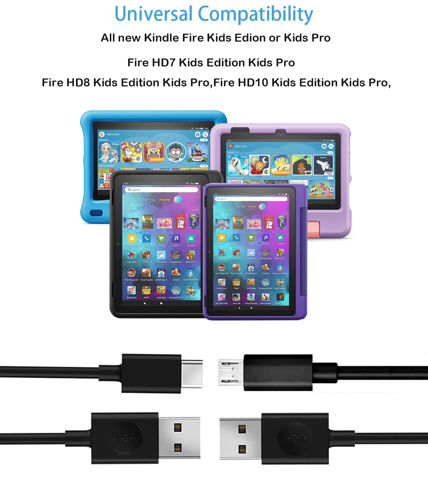 Kids Fire Tablet Charger - 5Ft USB C & Micro USB Cable Compatible with Fire HD 7/8/10 Kids Edition, Fire 7/8/10 Plus Kids Pro & Kindle Kids Edition - Perfect for Home, School & Travel Charging