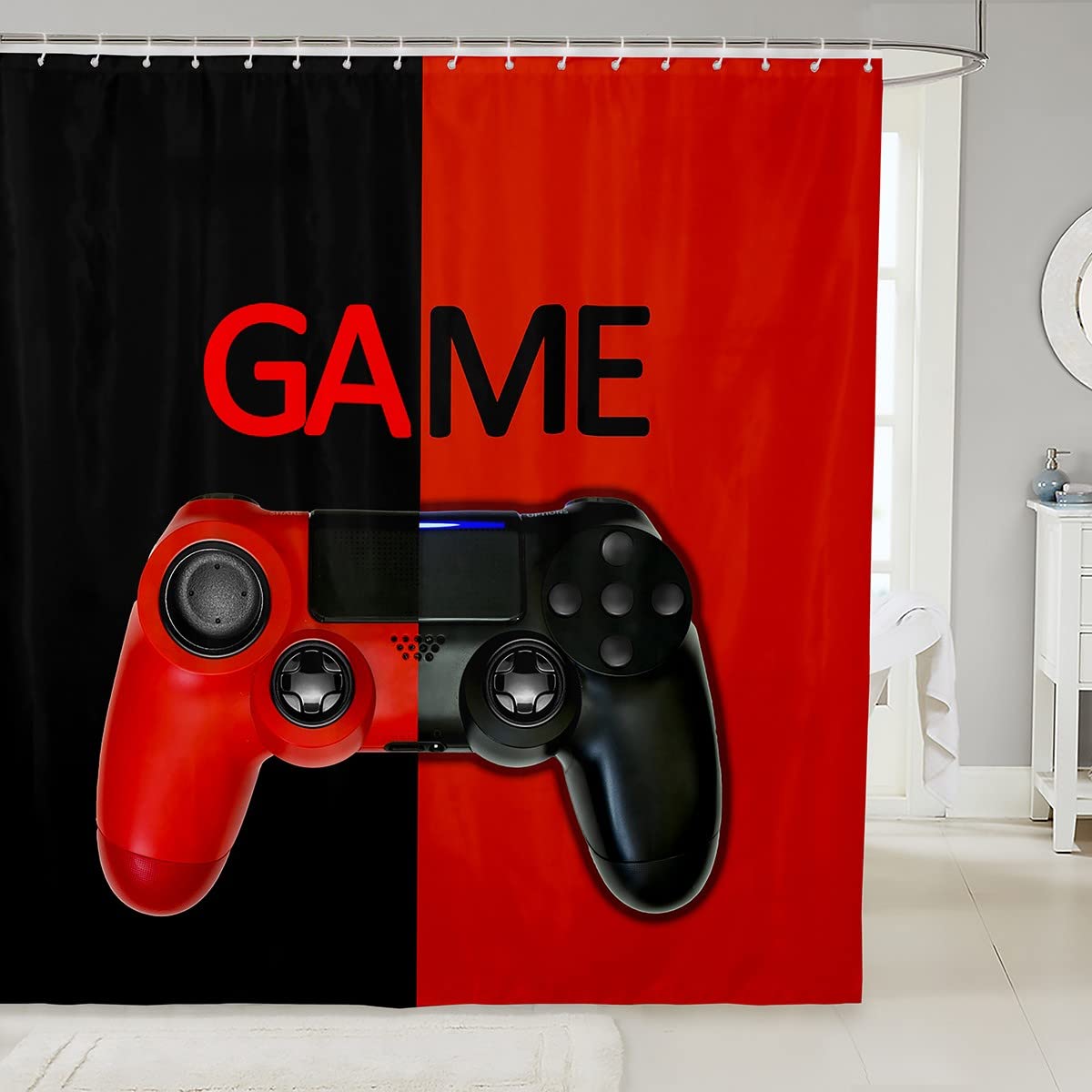 Boys Gamer Shower Curtain - Waterproof Video Game Design Bathroom Decor for Kids & Teens - 72x72 Inch Red & Black Fabric with 12 Hooks - Perfect for Gaming Themed Bathrooms & Teen Bedrooms