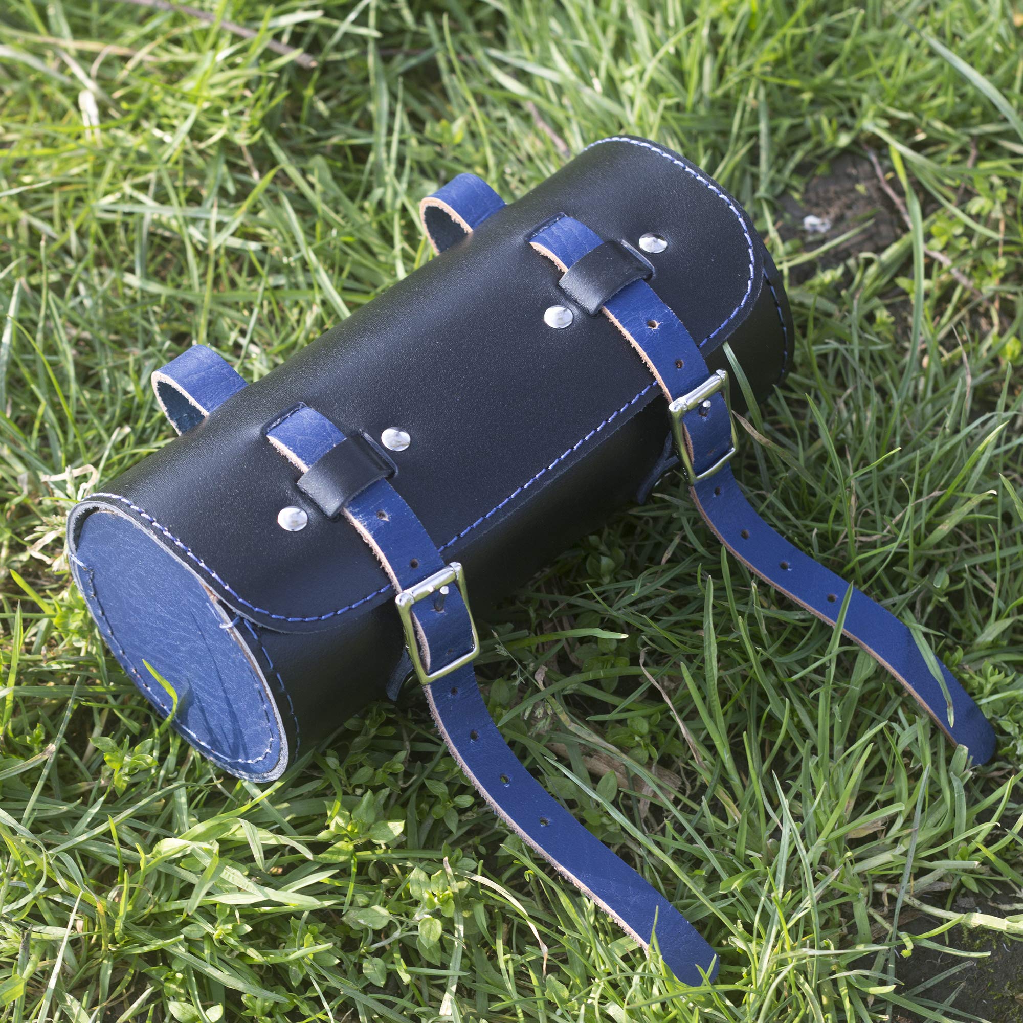 Premium Leather Bicycle Roll Tool Bag - Classic Black & Blue for Cycling, Commuting & Bike Maintenance | Durable & Stylish Bike Accessory