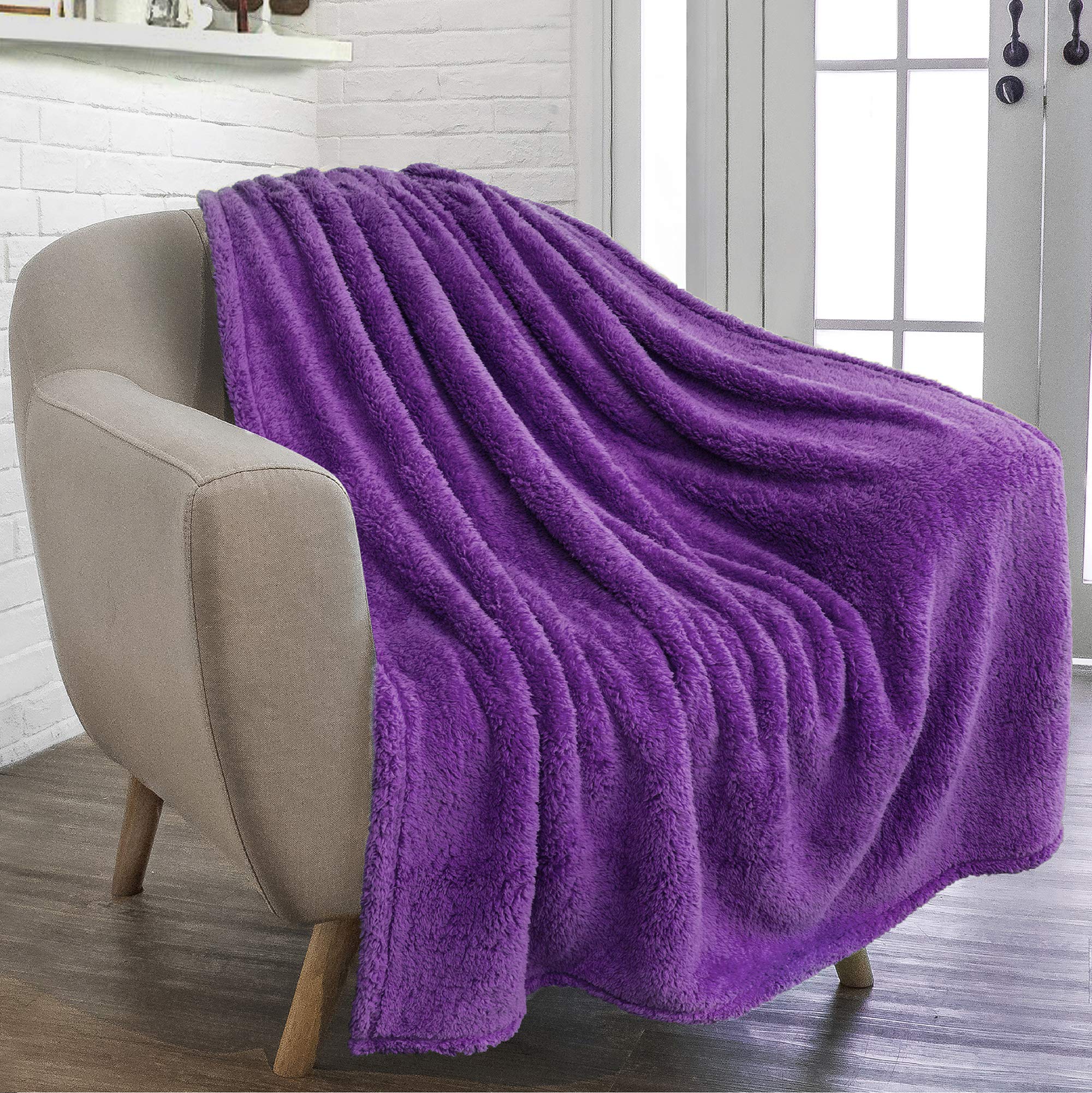 PAVILIA Ultra Soft Sherpa Fleece Throw Blanket for Couch, Sofa & Bed - Cozy Fluffy Shaggy Blanket in Purple Violet (50x60 Inches) - Perfect for Winter Nights, Movie Time & Home Decor