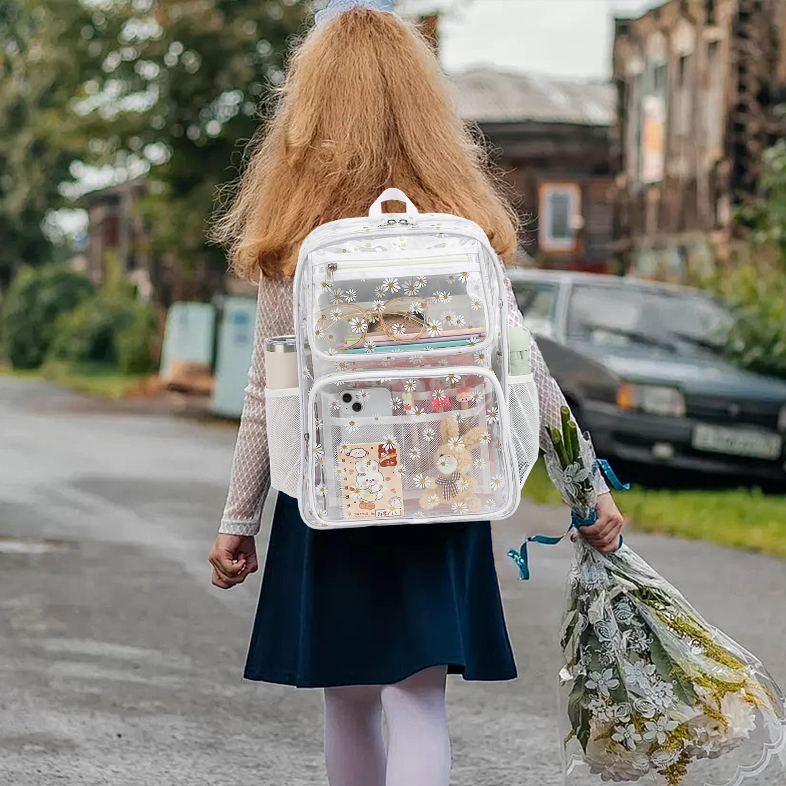 **Durable Clear Backpack for Women & Girls - Heavy Duty Transparent School Backpack, See-Through Bookbag (White) - Perfect for School, Travel & Stadium Events**
