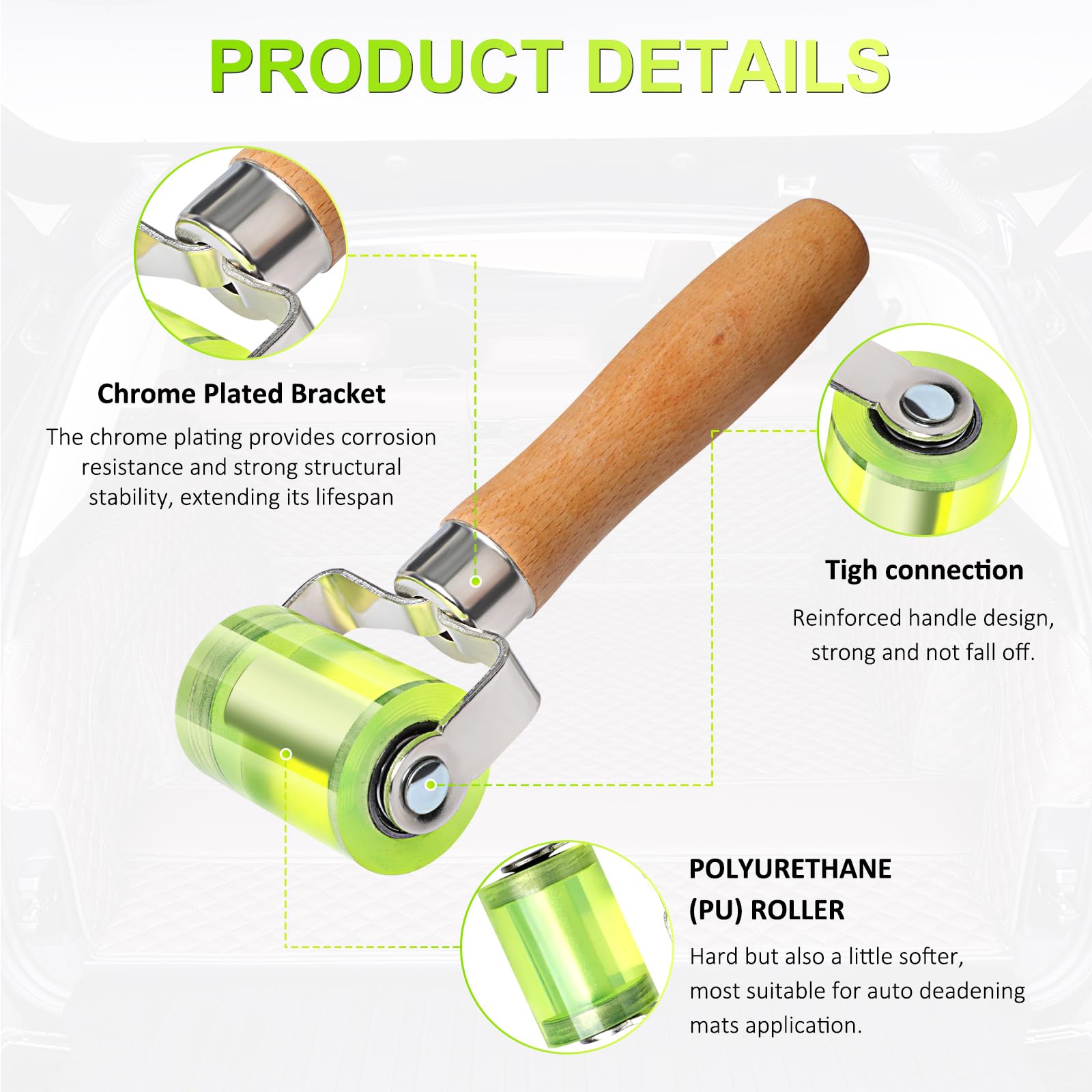 Ouzorp Automotive Car Sound Deadening Roller - Bearings Equipped, No Nut Loosening, for Sound Deadening Mat & Wallpaper Application - Durable PU Rubber Wheel Seam Roller Tool for Car Audio Installation & Home DIY Projects