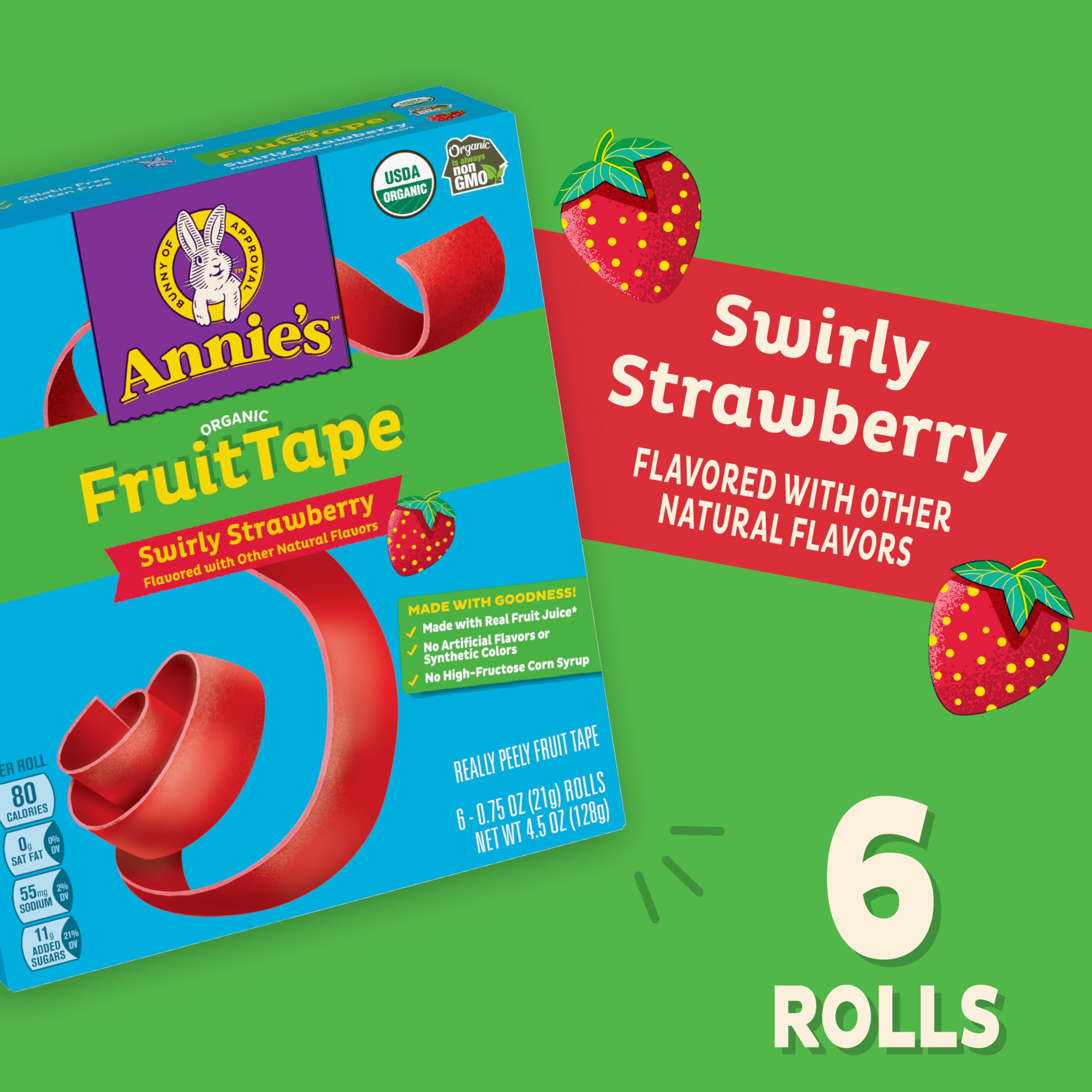 Annie's Organic Fruit Tape Swirly Strawberry - Non-GMO, USDA Organic Fruit Snacks, 6 Rolls (4.5 oz) - Healthy Kids Snack for Lunch Boxes, School, Travel & On-the-Go