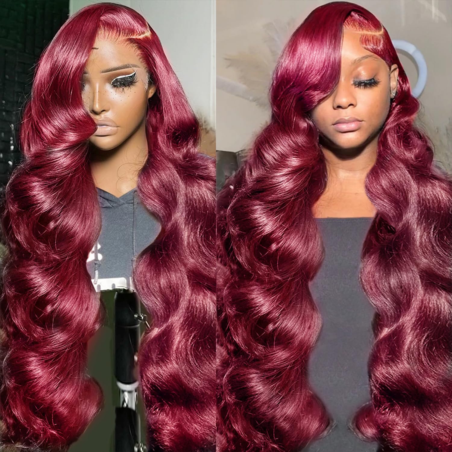 99J Burgundy Lace Front Wigs Human Hair 13x4 HD Glueless Brazilian Virgin Hair - Red Body Wave Frontal Wigs with Bleached Knots 180% Density 28 Inch | Perfect for Cosplay, Parties, Weddings & Daily Wear
