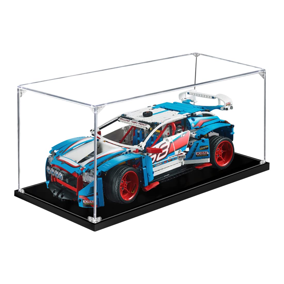 Lingxuinfo 2mm Clear Acrylic Display Case with Wood Plastic Base for Lego 42077 (21) - Dustproof Transparent Cover for Lego Technic Rally Car Model - No Glue Assembly & Building Blocks Not Included - Perfect for Showcase, Collection Protection & Home Decoration