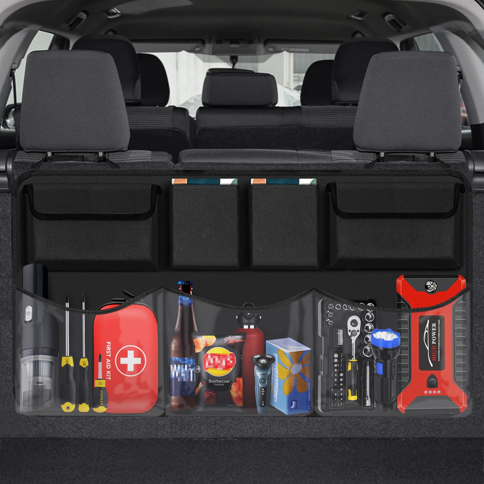Car Trunk Organizer with 5 Large Storage Pockets - Backseat Hanging Organizer for SUV, Truck, Sedan - Space Saving Car Seat Organizer for Travel, Camping & Road Trips