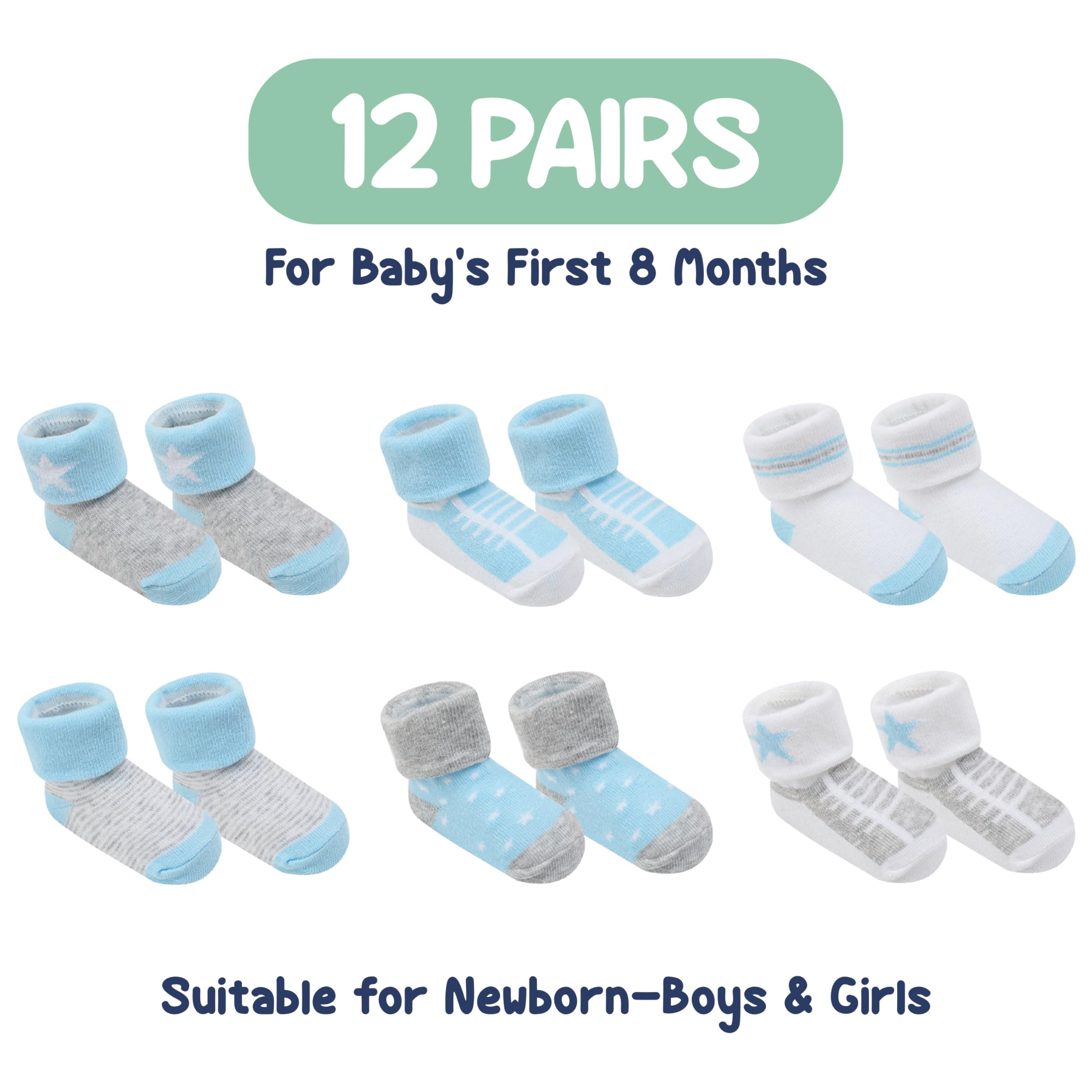 Organic Cotton Baby Socks for Newborns 0-6 Months | 12 Pairs Soft Hypoallergenic Unisex Infant Socks | Perfect Baby Shower Gift Set (Blue, Gray, White) | Ideal for Daily Wear, Playtime & Photo Shoots