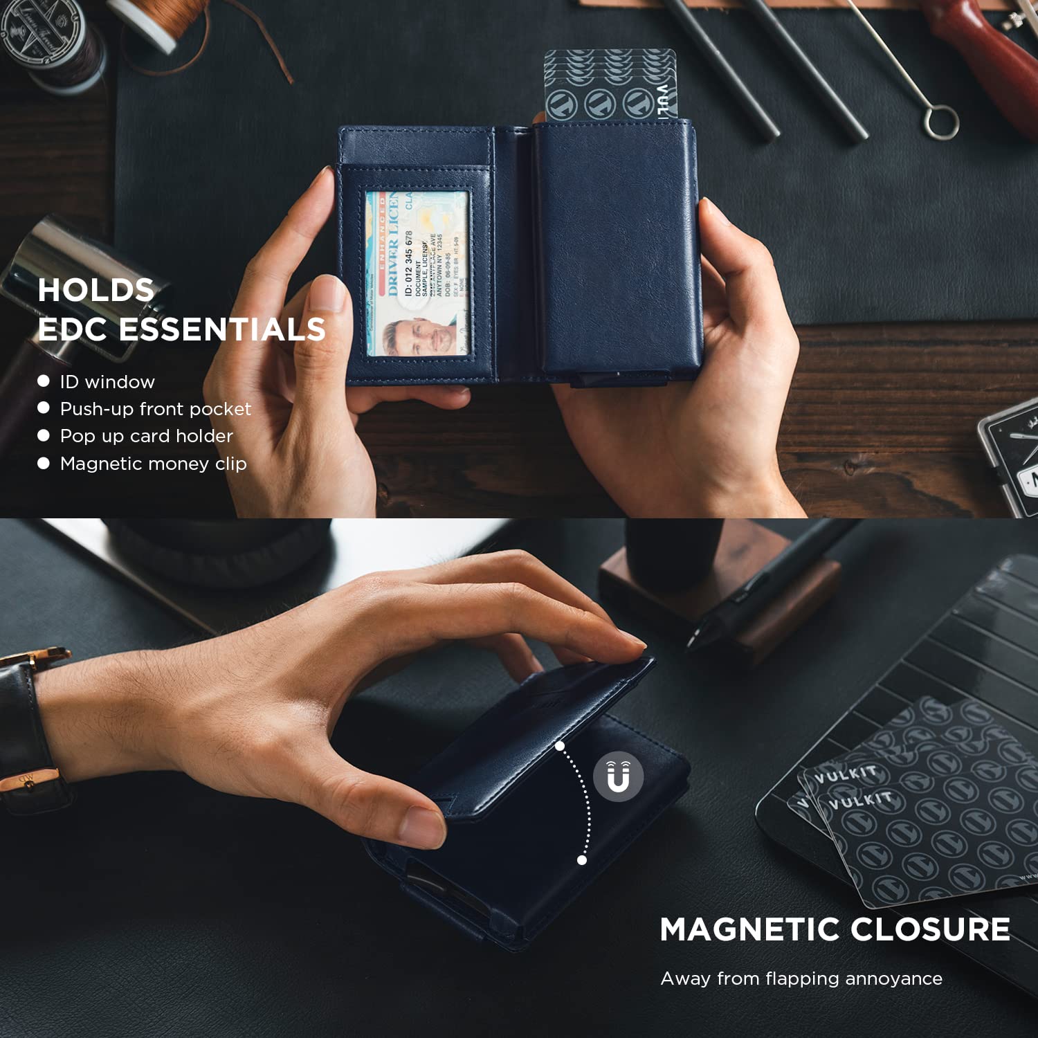 Premium RFID Blocking Leather Money Clip Wallet - Slim Pop Up Card Holder for Men - Holds 7 Cards & 15 Bills - 2-in-1 Business Card Case - Perfect for Business Travel & Everyday Carry