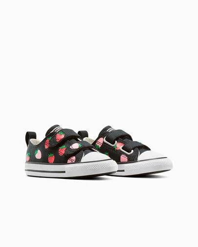 Converse Kids Chuck Taylor All Star Hook & Loop Sneakers - Black/Pink Strawberry Design | Comfortable & Stylish for School, Play & Everyday Wear