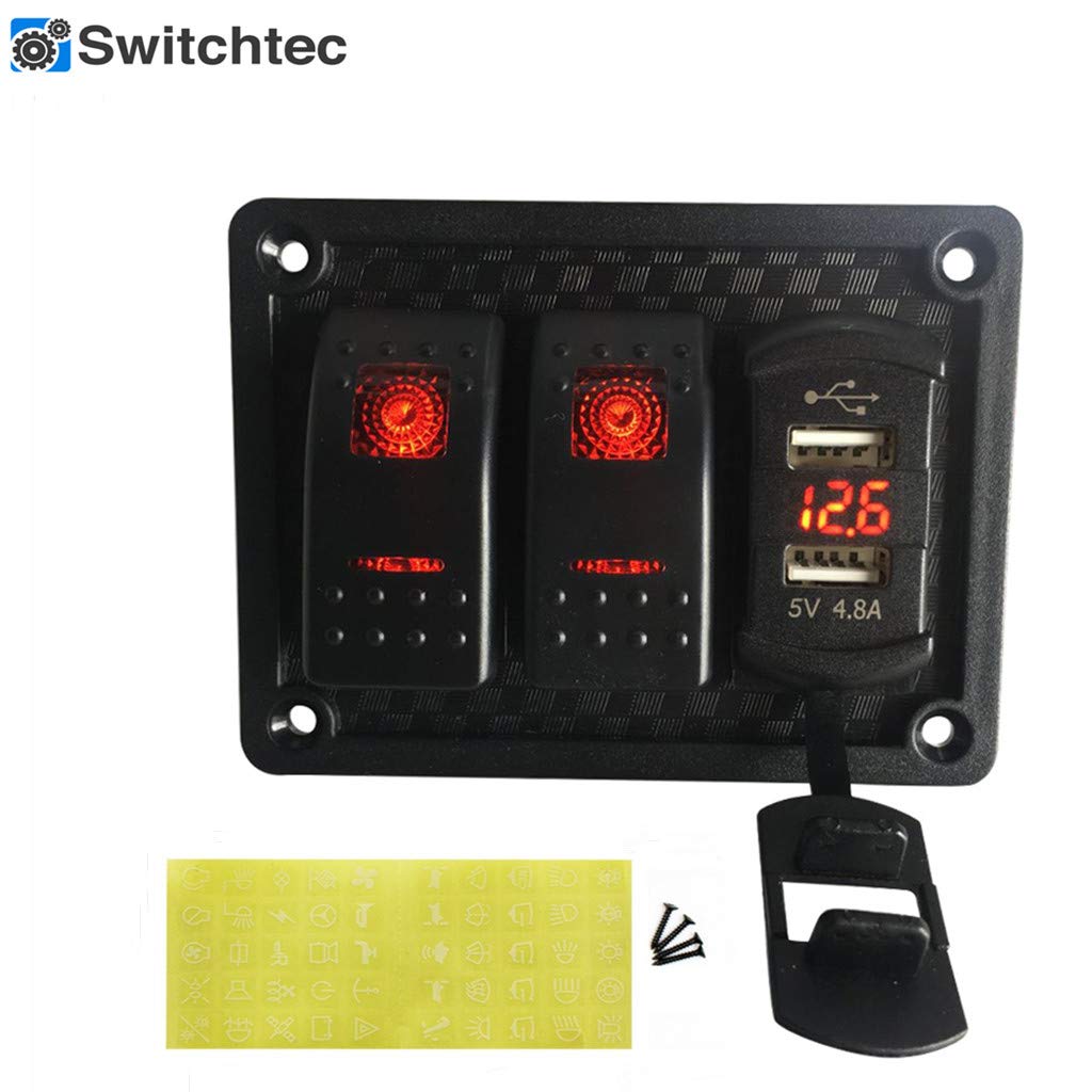 2 Gang Rocker Switch Panel with 4.8A Dual USB Fast Charger & Voltmeter - Red LED Backlit, Pre-Wired Switches - Perfect for Marine, RV, Truck & Boat Electrical Systems