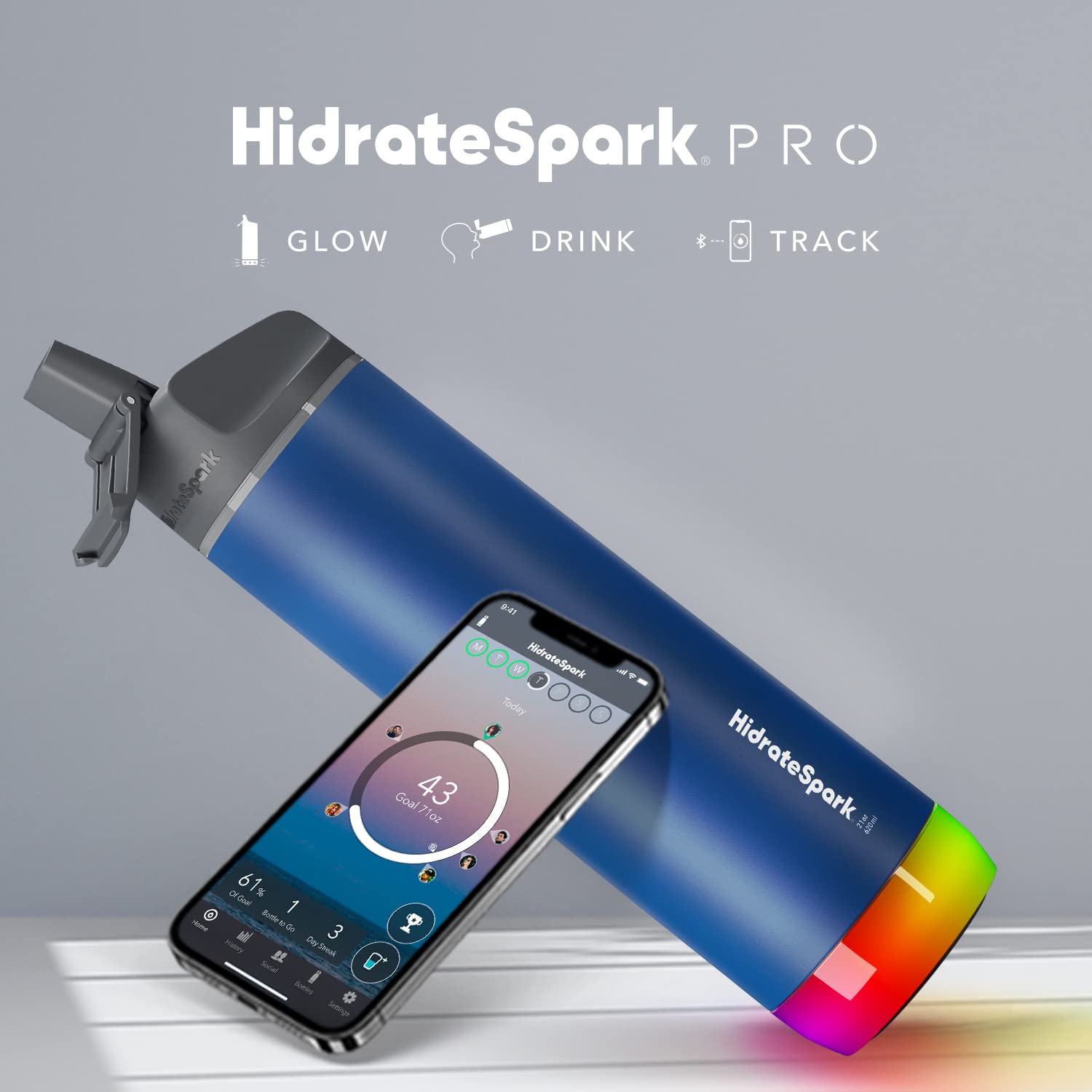 HidrateSpark Steel Smart Water Bottle with Straw - 21oz Deep Blue, Tracks Water Intake & Glows for Hydration Reminders - Perfect for Gym, Office, Hiking & Daily Hydration Tracking