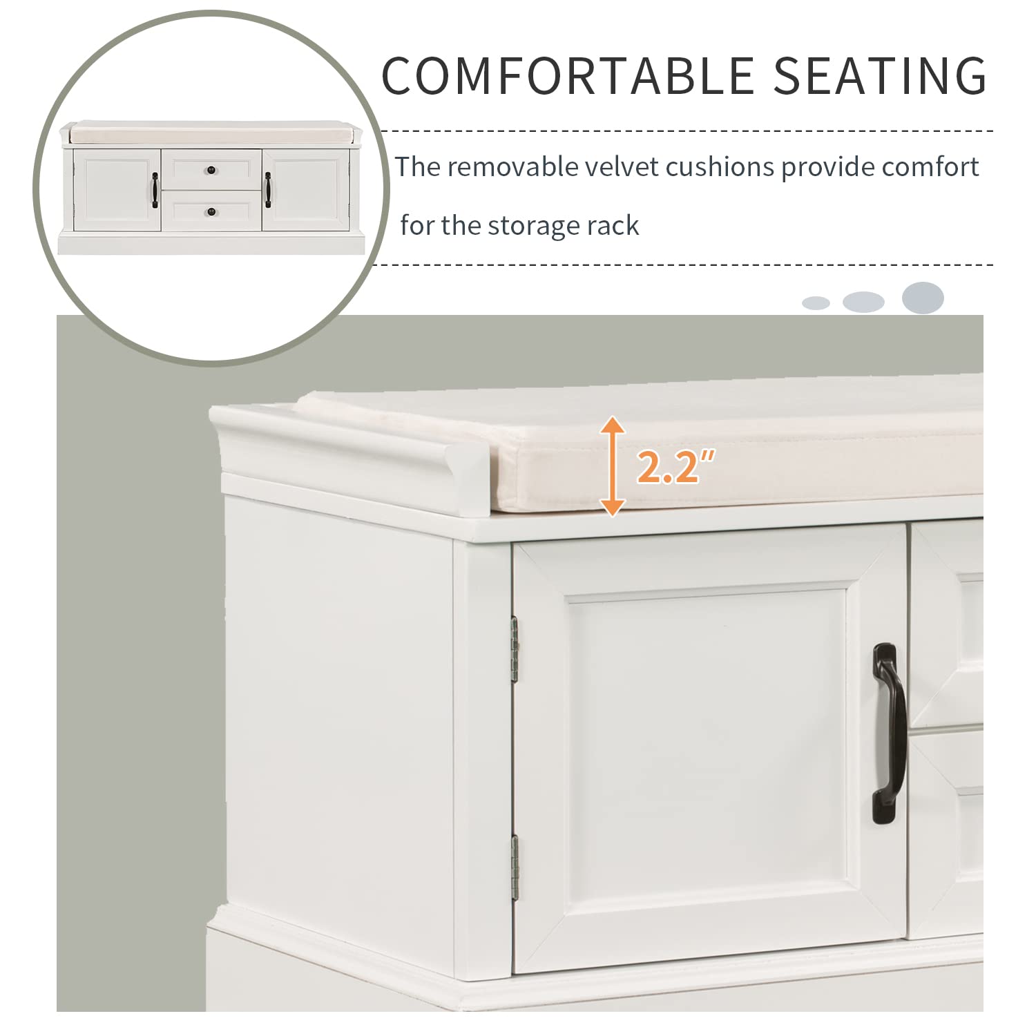 Rhomtree Shoe Storage Bench with Removable Cushion - Wooden Entryway Bench with 2 Drawers & 2 Cabinets - Comfortable Seat for Hallway, Bedroom or Living Room Organization (White)
