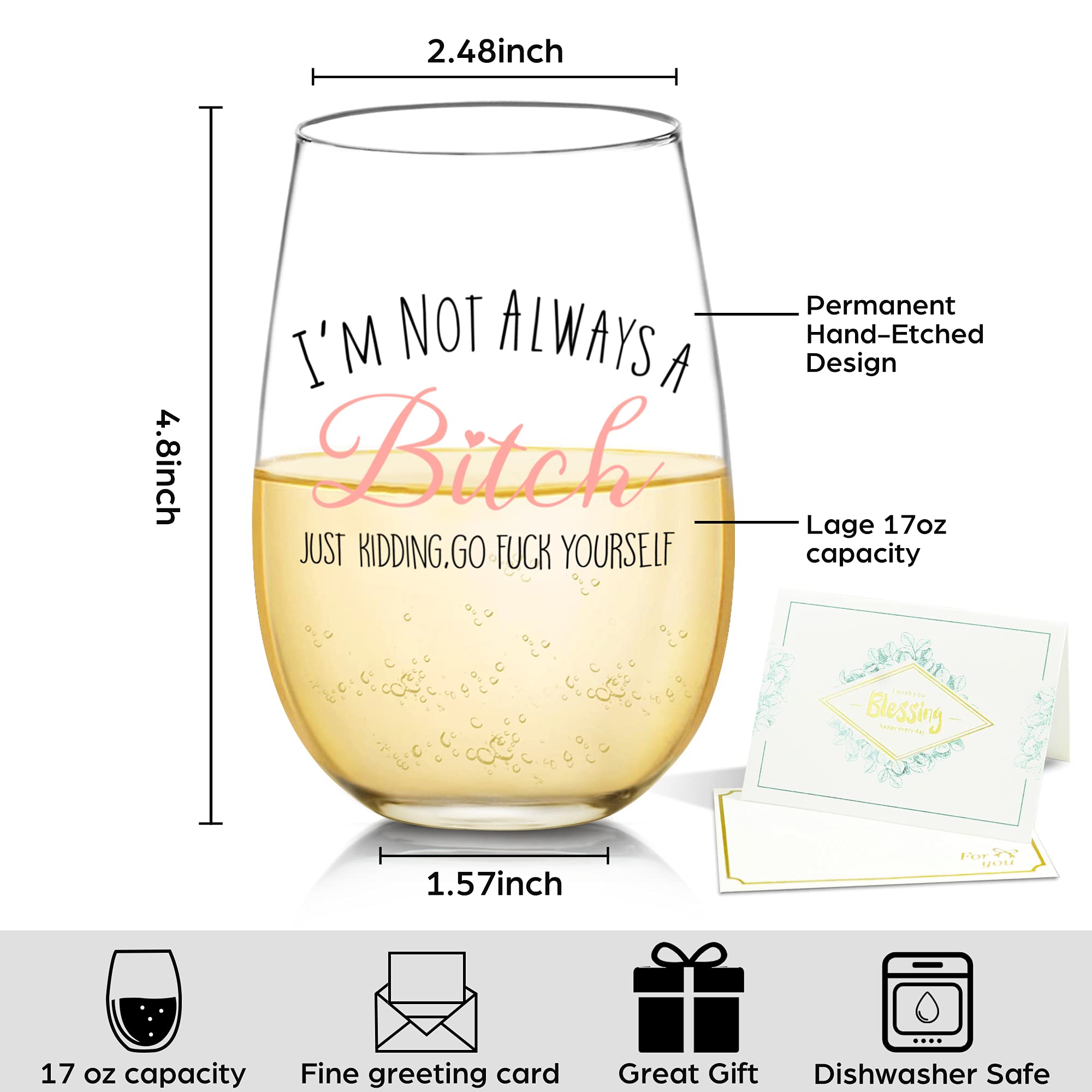 Funny Wine Glass Gift for Women - 'I'm Not Always A B, Just Kidding' Novelty Drinking Cup - Perfect Christmas, Birthday Present for Girlfriend, Best Friend, Sister, Coworker - Great for Parties, Girls Night Out, and Relaxing at Home
