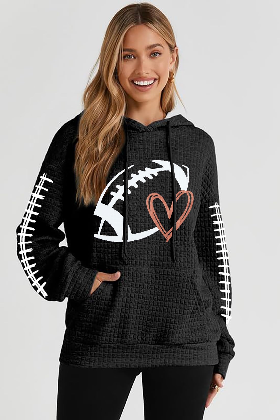 VILOVE Women's Funny Football Graphic Hooded Sweatshirt - Waffle Knit Game Day Pullover Long Sleeve Hoodie - Perfect for Football Games, Tailgating & Casual Wear