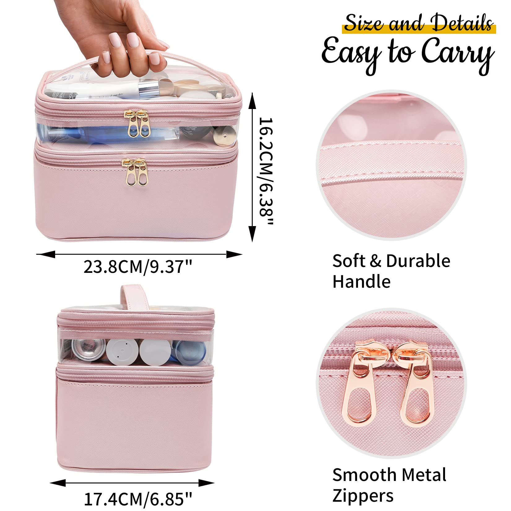 Premium Leather Makeup Bag for Women - Double Layer Large Cosmetic Organizer with Travel Essentials, Dorm Room Toiletry Bag - Perfect for Travel, Daily Use & Valentine's Day Gifts for Her/Wife