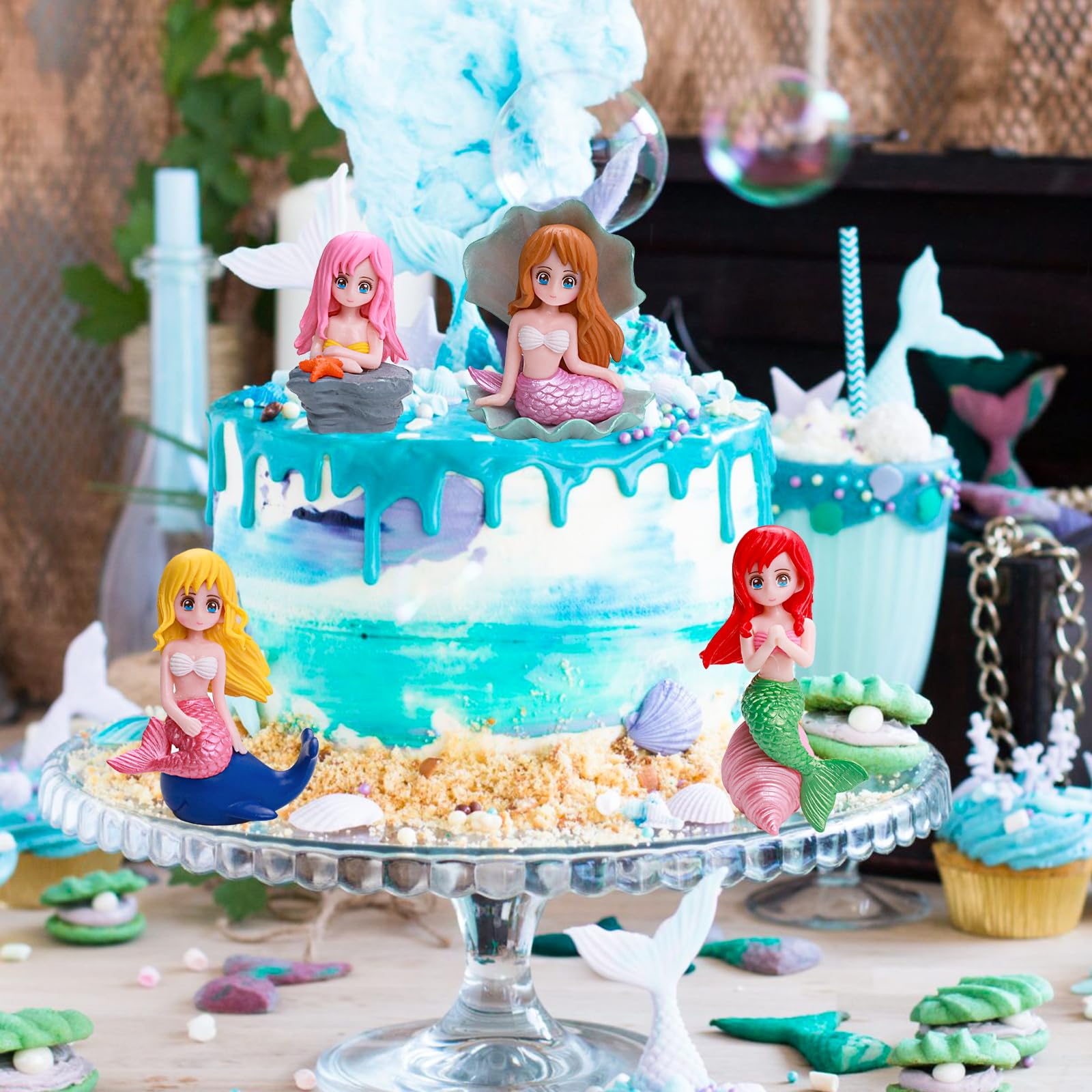 4pcs Mermaid Cake Toppers - Little Cute Mermaid Doll Figurines for Birthday Cake & Cupcake Decorations - Perfect for Kids Girls Mermaid Princess Under the Sea Theme Birthday Party, Baby Shower & Ocean Themed Celebrations