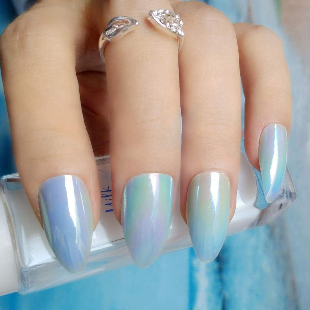 HUJL 24pcs Chameleon Short Acrylic False Nails - Mirror High Heels Holographic Blue Sky Press on Nails for DIY Manicure | Full Coverage Artificial Nails for Women | Perfect for Parties, Weddings & Everyday Wear