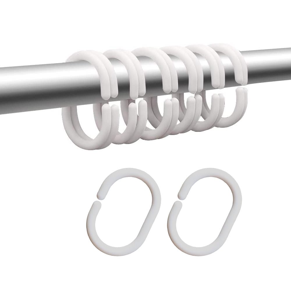White Plastic Shower Curtain Hooks - 12 Pack Bathroom Curtain Rings for Rods, Windows & Drapes - Durable Waterproof Hangers for Shower, Bath, Home Decor