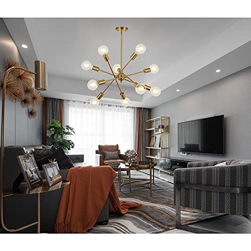 BONLICHT Modern 10-Light Sputnik Chandelier Brushed Brass Adjustable Arm Metal Kitchen Pendant Light, Mid Century Vintage Industrial Ceiling Fixture for Living Room, Dining Room, Bedroom & Office Lighting