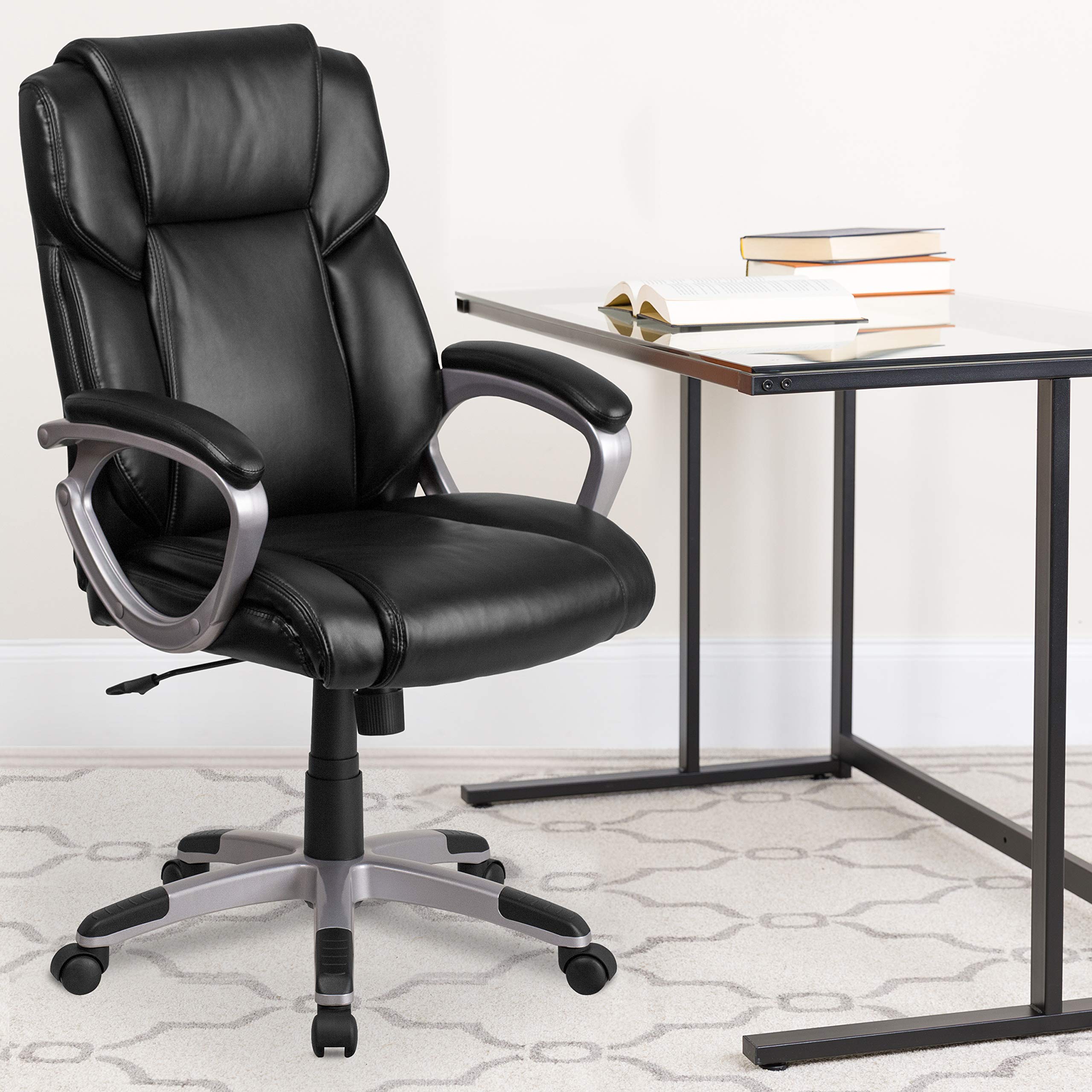 Premium Mid-Back Black LeatherSoft Executive Office Chair with Padded Arms - Ergonomic Swivel Task Chair for Home Office, Conference Room & Workspace