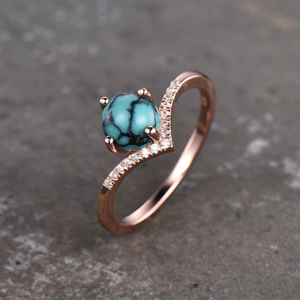 Elegant Turquoise Engagement Ring with Curved V Diamond Band - Perfect for Wedding, Proposal & Anniversary Gifts
