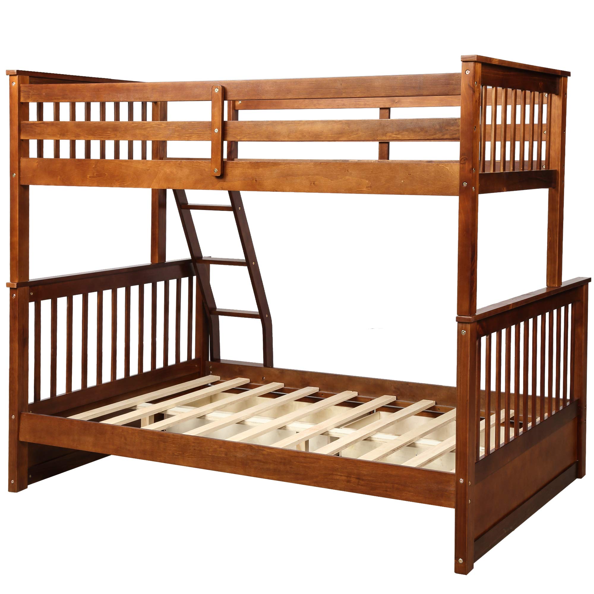 Solid Wood Twin Over Full Bunk Bed Frame with Ladders & 2 Storage Drawers - Convertible to 2 Separate Platform Beds for Kids, Teens & Adults (Walnut Finish) - Perfect for Small Bedrooms, Guest Rooms & Vacation Homes