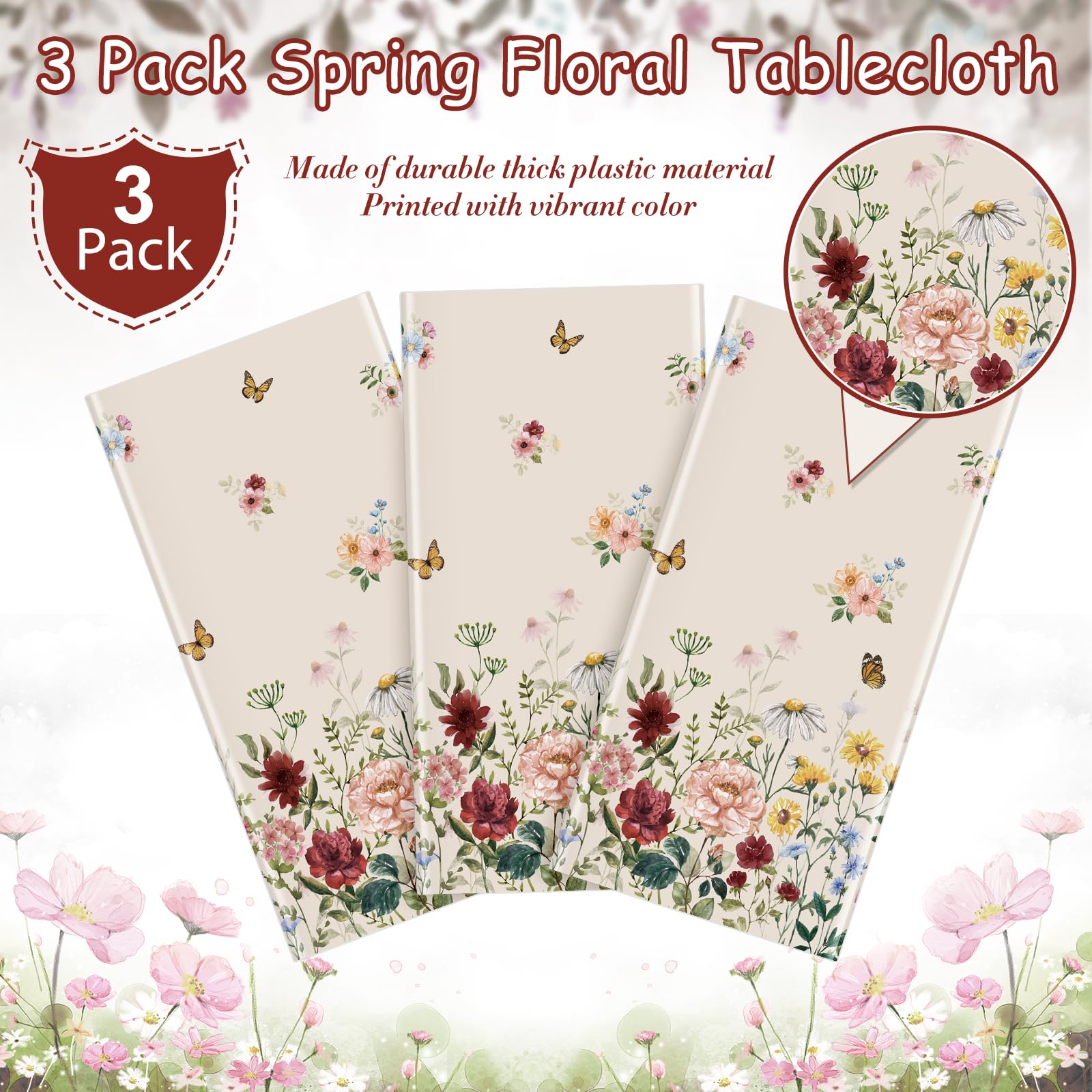 3-Piece Spring Floral Plastic Tablecloth Set - Disposable Rectangle Table Cover with Butterfly & Wildflower Design (54x108 Inch) for Easter, Birthday, Wedding, Mother's Day Decorations | Perfect for Tea Parties, Picnics & Outdoor Events