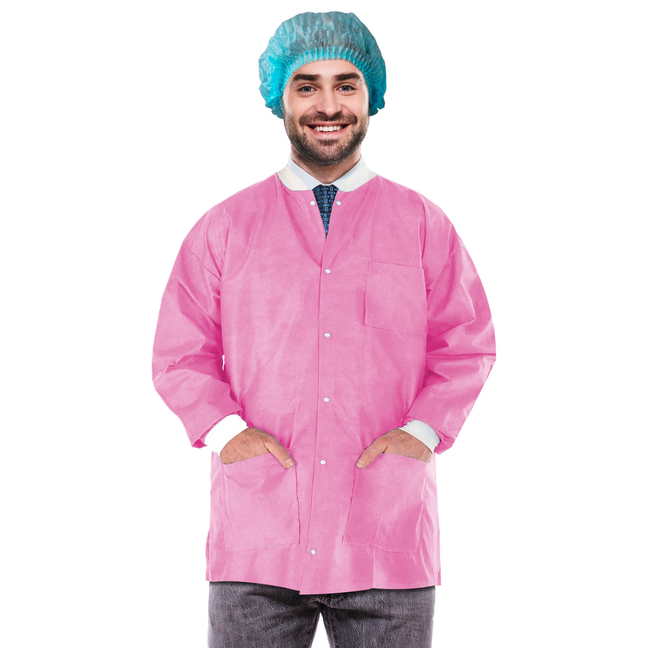 EZGOODZ Disposable Lab Coat - 30 Inch Long, Pack of 100, Pink Hip-Length Workwear (Medium) - SMS 50 GSM, Snap Front, Knit Cuffs & Collar, 3 Pockets - Unisex PPE Coat for Medical, Laboratory, Cleanroom & Industrial Use