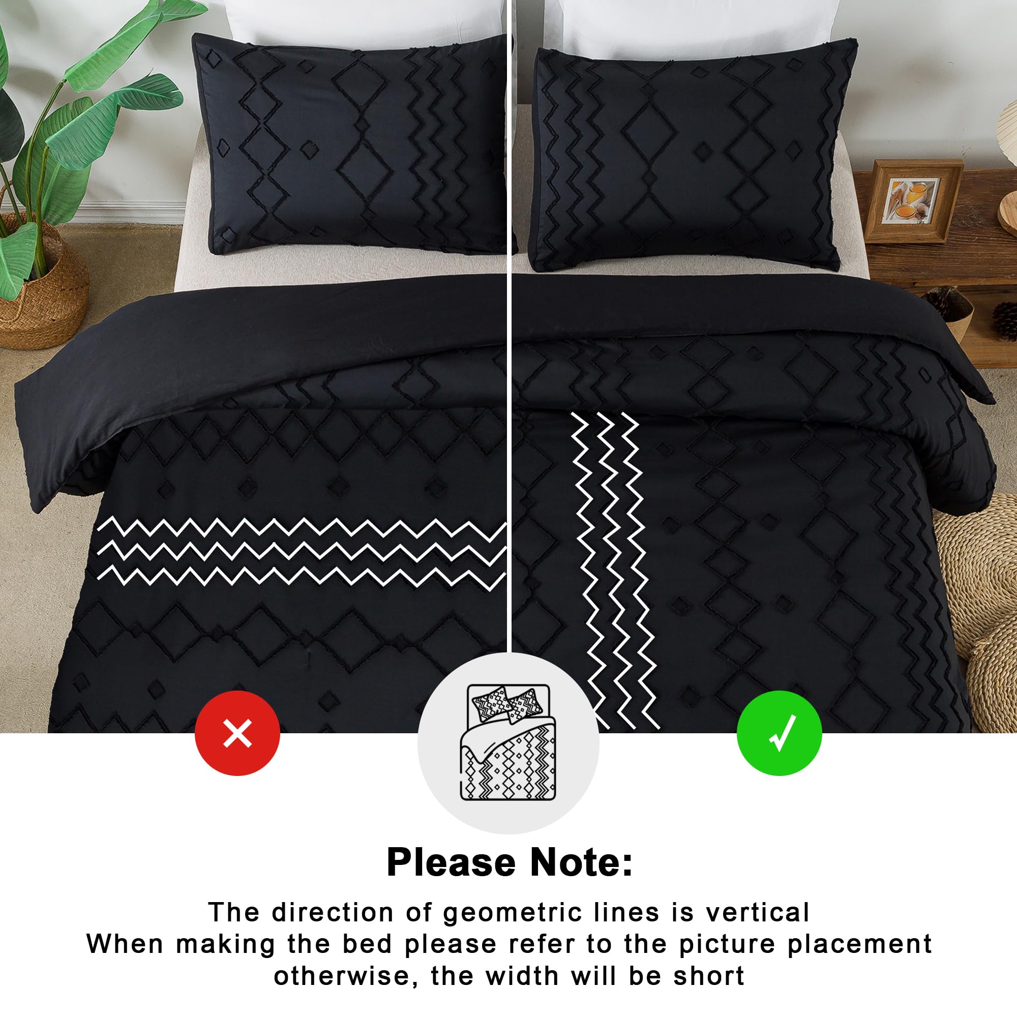Andency Black Tufted Comforter Set King Size (104x90 Inches) - 3 Piece Boho Farmhouse Bedding with Geometric Design, Soft Microfiber Down Alternative Comforter & 2 Pillowcases - Perfect for Master Bedroom, Guest Room & Cozy Farmhouse Decor