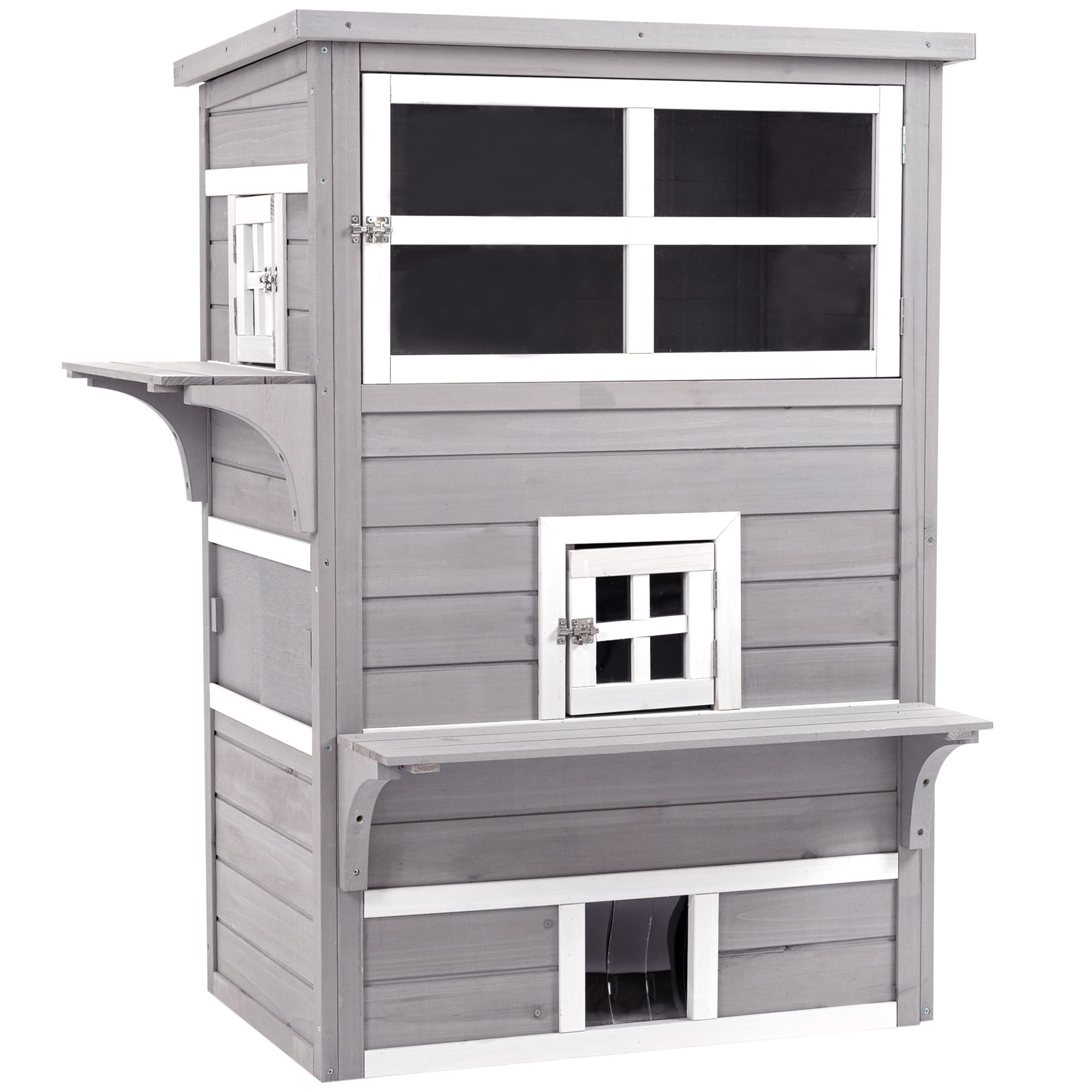 PawHut 3-Story Outdoor Cat House - Weatherproof Feral Cat Shelter with Asphalt Roof, Raised Floor & Escape Doors - Multi-Level Kitten Condo with Jumping Platforms for Indoor/Outdoor Use - Perfect for Backyard, Garden & Pet Safety