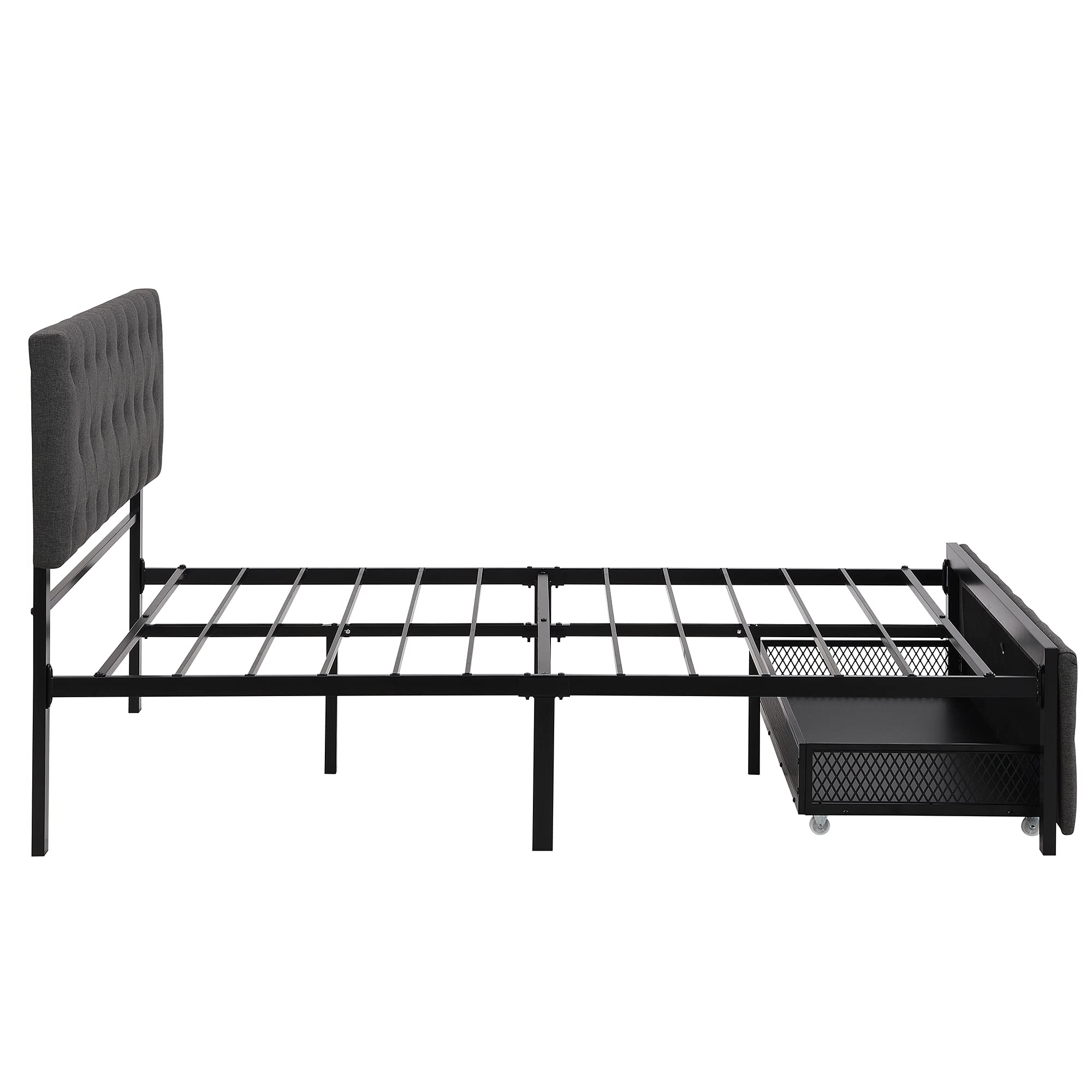 Knocbel Full Size Metal Platform Bed Frame with Linen Upholstered Headboard & Storage Drawers - 13 Heavy Duty Slats, No Box Spring Needed - Sturdy Mattress Foundation for Bedroom, Guest Room, Dorm - Easy Assembly Modern Bed Frame with Underbed Storage