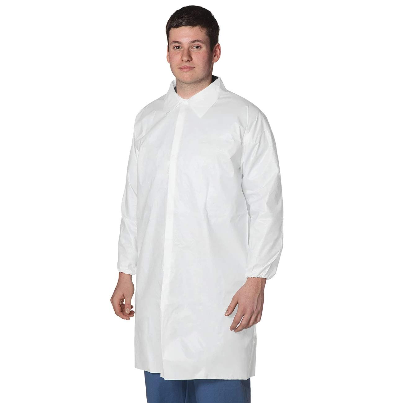 EOM High Performance SMS Disposable Lab Coat with Knit Cuffs & Collar - White Thigh-Length Lab Coat (50 Pack, X-Large) | Ideal for Medical Labs, Cleanrooms & Healthcare Professionals