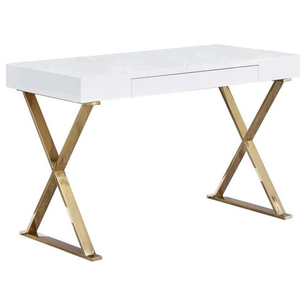 Premium Modern Stainless Steel Frame Computer Desk with Gold High Gloss Finish - Home Office Workstation for Gaming, Study & Remote Work