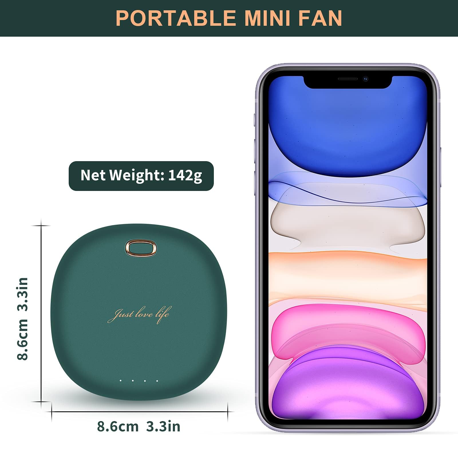 BINWO Portable Mini Neck Fan - USB Rechargeable Personal Fan with 3 Speed Settings, Adjustable Lanyard & Waist Clip for Hands-Free Cooling - Perfect for Office, Gym, Travel & Outdoor Activities (Dark Green)