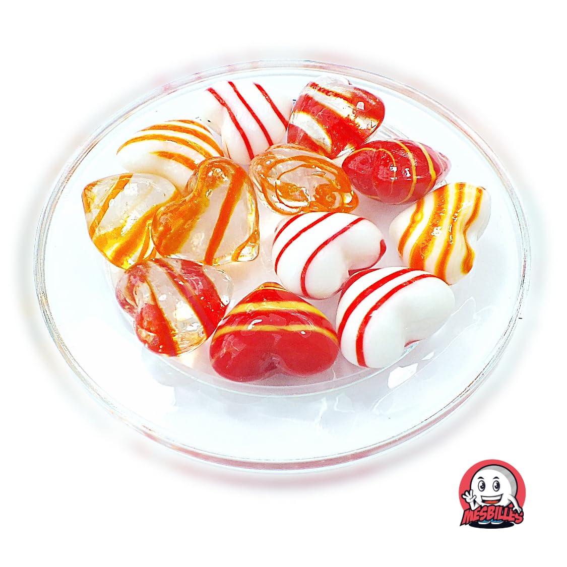15 Flat Heart Striped Red Glass Marbles - 16mm Glass Beads for Jewelry Making, DIY Crafts, and Home Decor