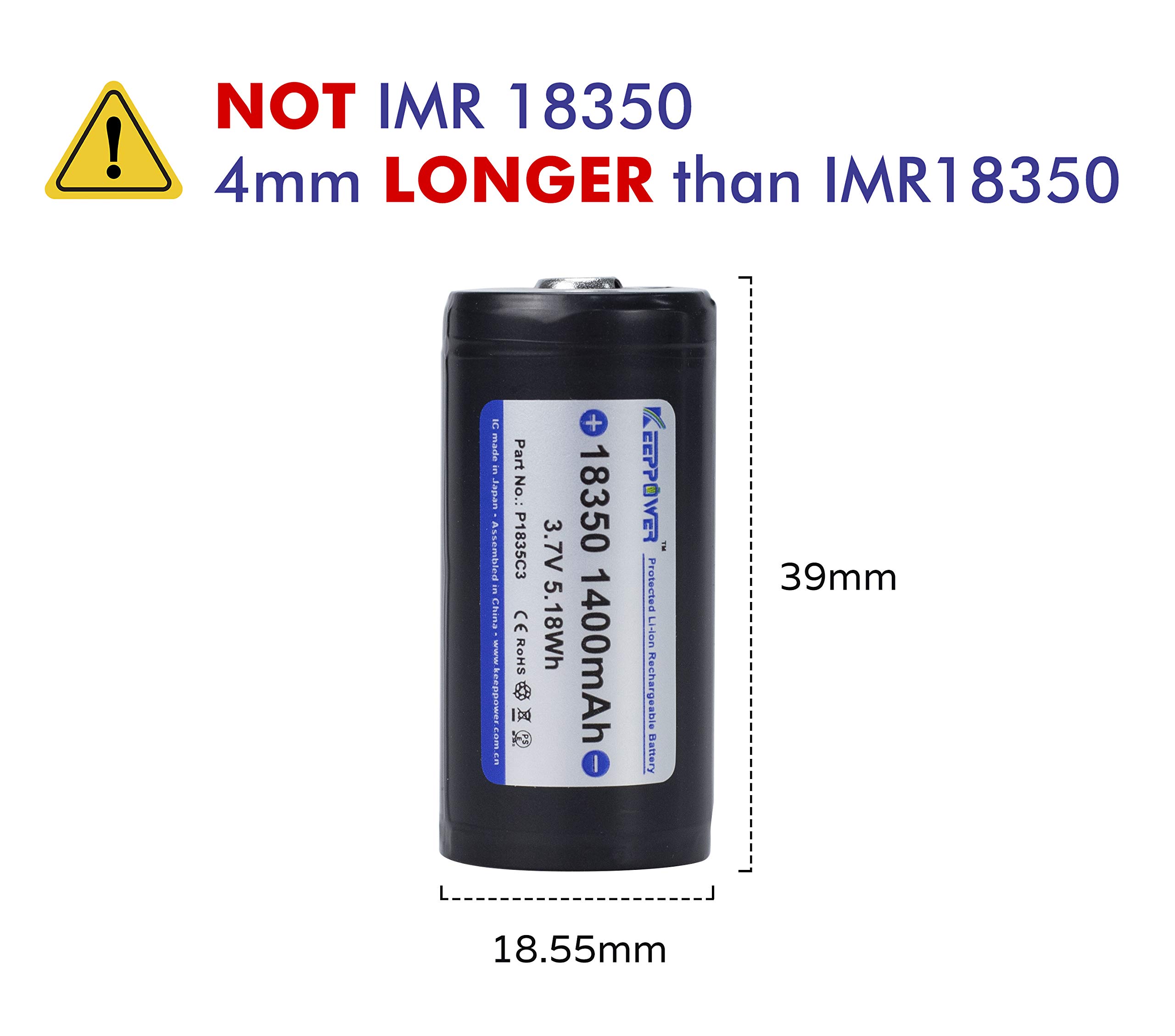 Keeppower Protected 18350 Li-ion Rechargeable Battery 3.7V 1400mAh 5.18Wh Button Top - 2 Pack for Flashlights, LED Torches & Emergency Lights (Not IMR18350)